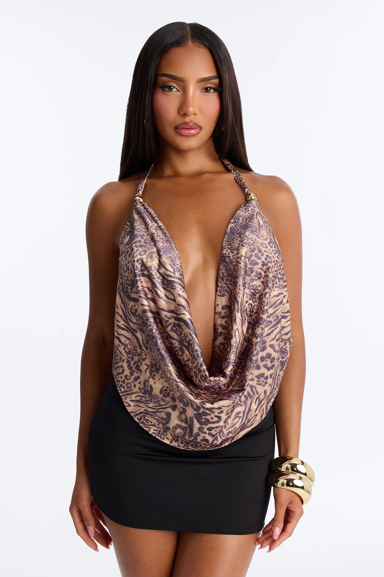 Feral Instinct Deep Cowl Neck Halter Top - Brown/combo