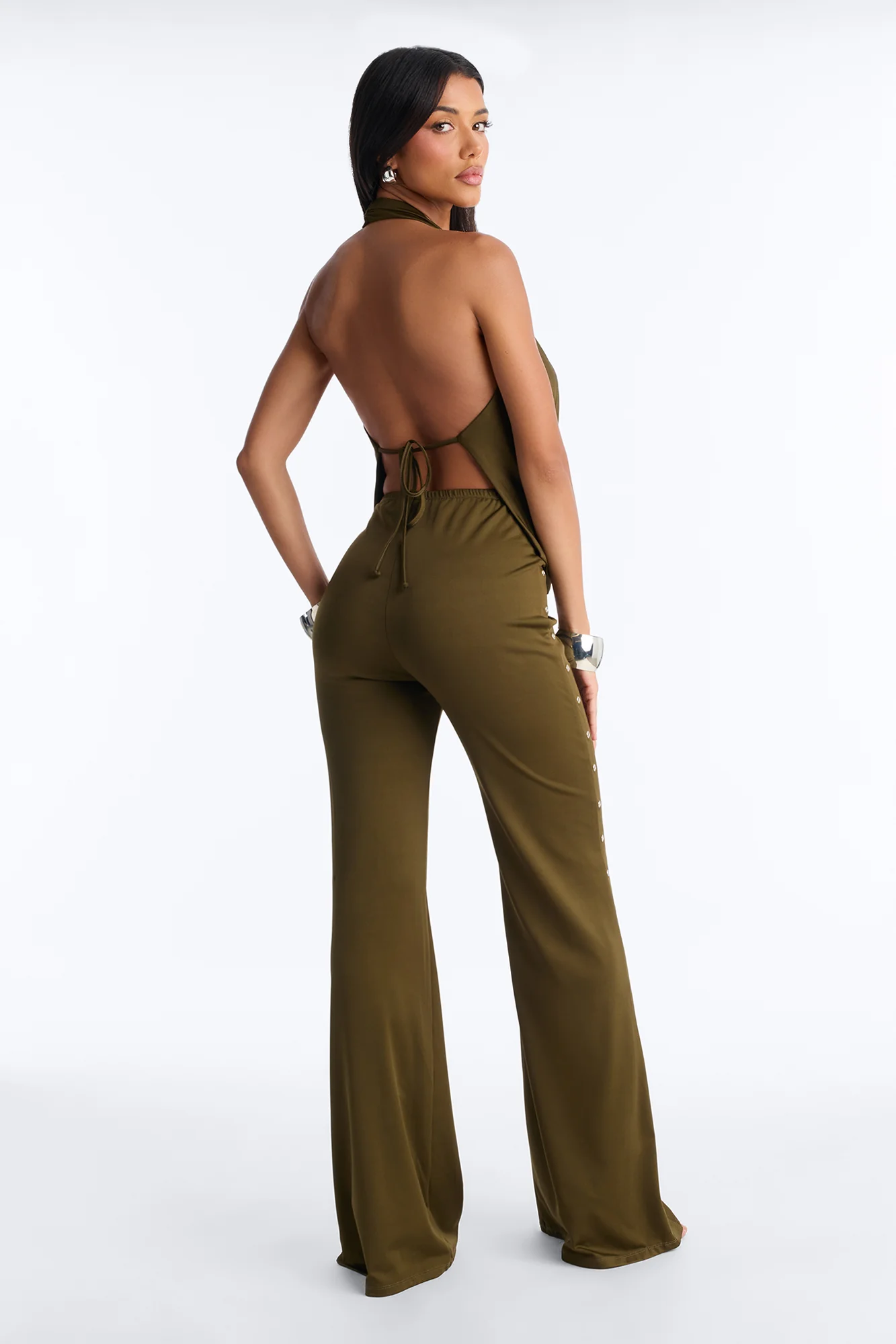 Festival Night Backless Wide Leg Jumpsuit - Olive - Image 4