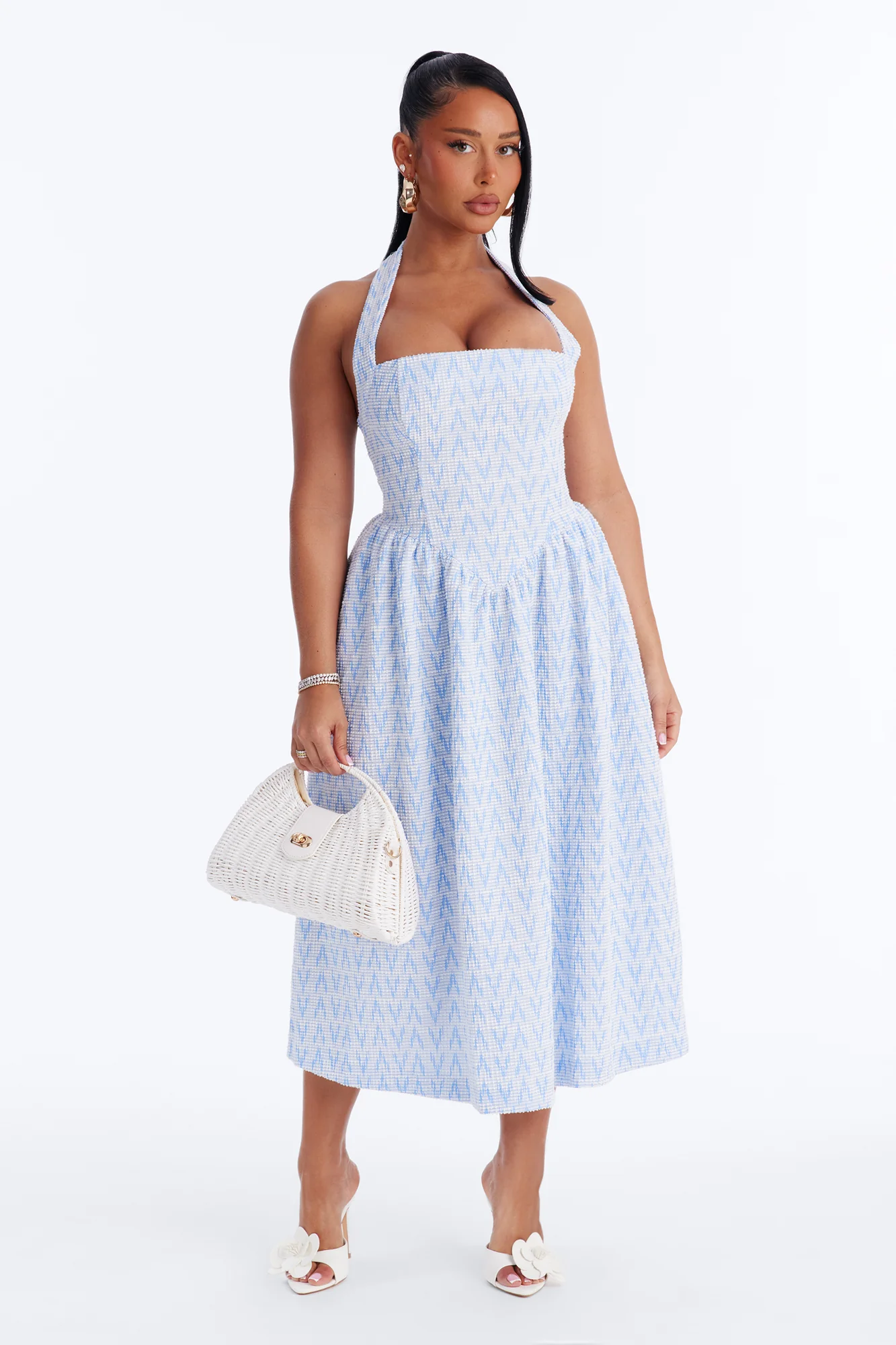Fia Halter Tweed Midi Dress - Blue