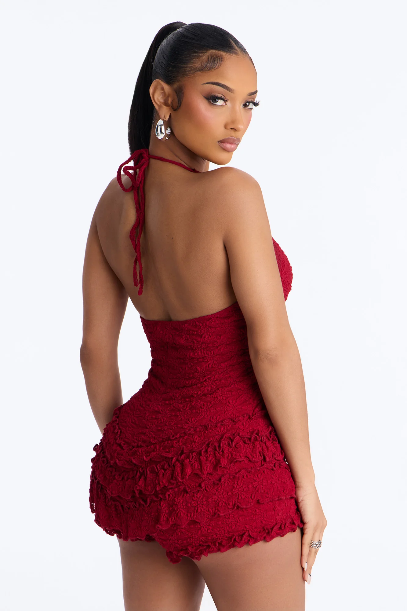 Fia Lace Halter Micro Short Romper - Red - Image 4