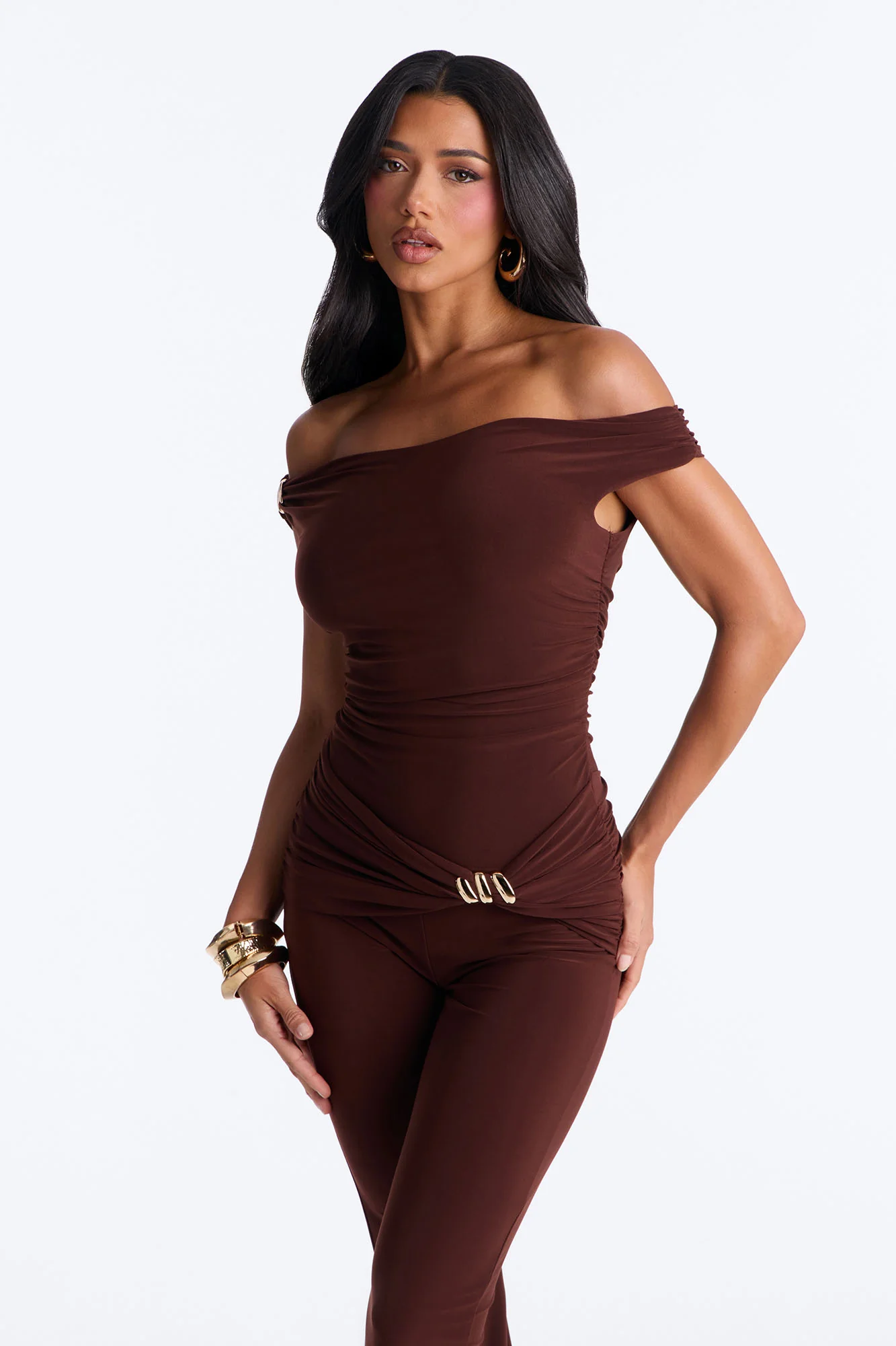 Fia Ruched Flare Leg Jumpsuit - Chocolate - Image 3