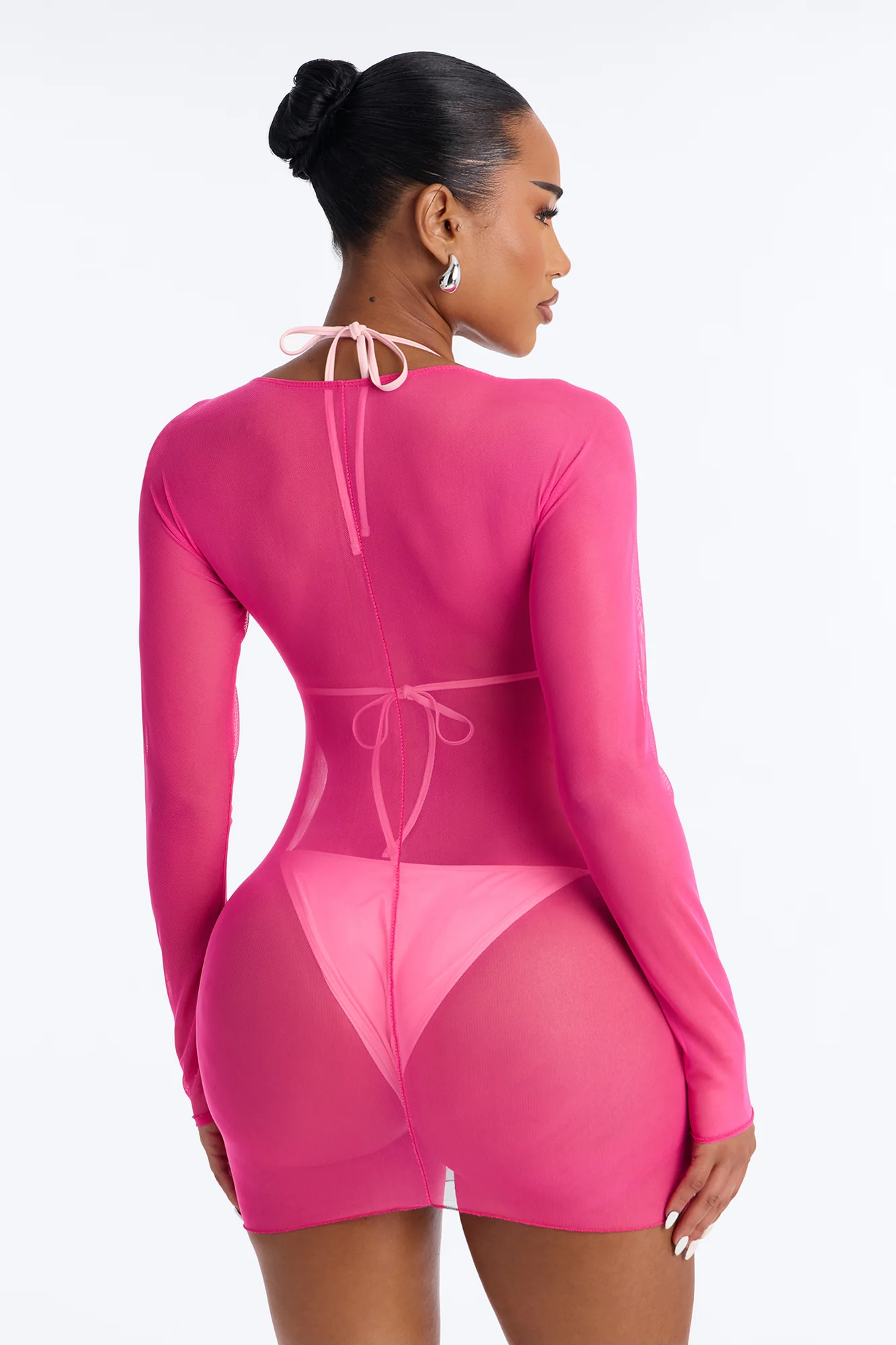 Find Your Groove Mesh Swim Cover Up Mini Dress - Hot Pink - Image 4