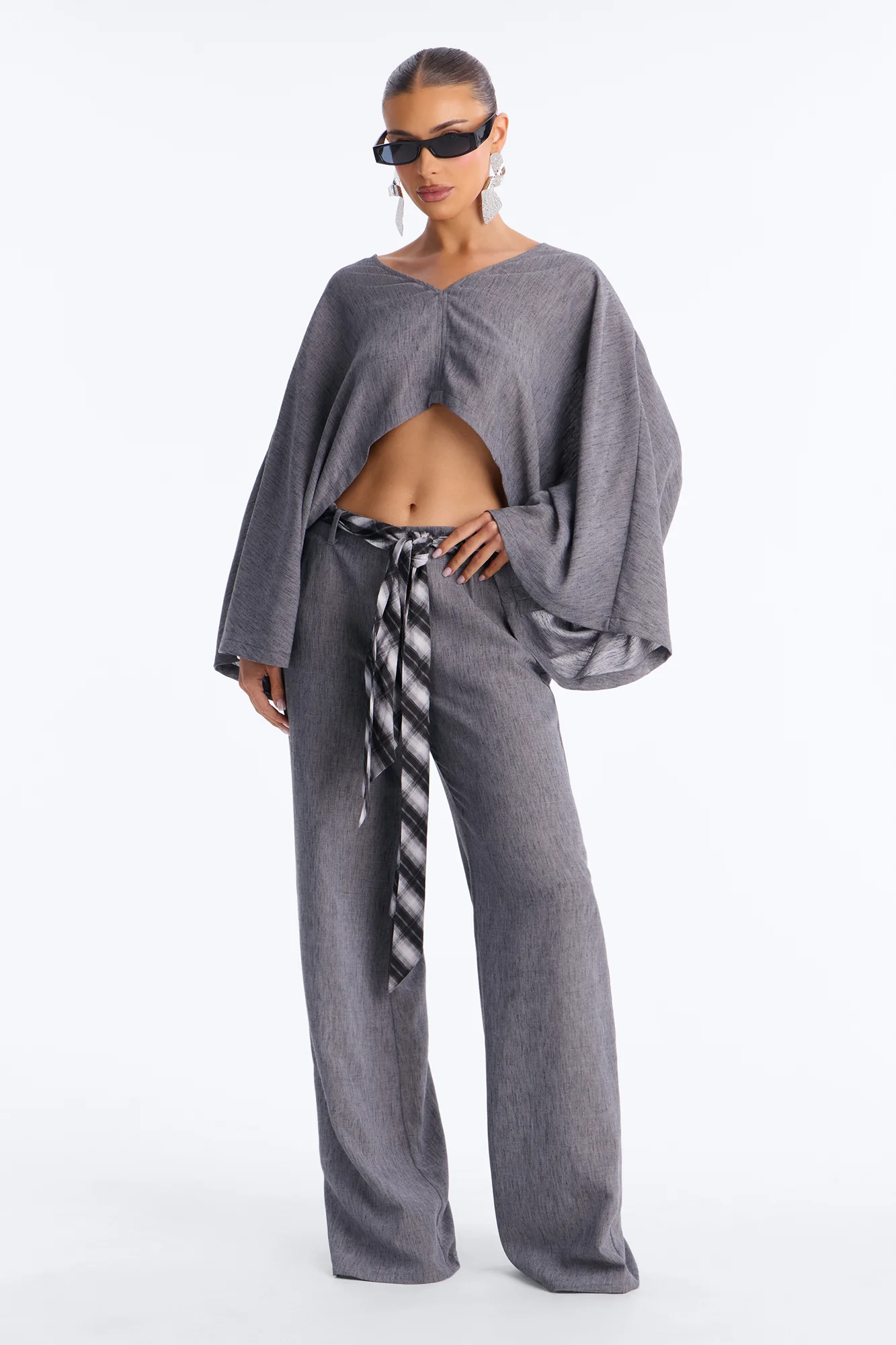 Fiora Scarf Belt Pant Set - Grey