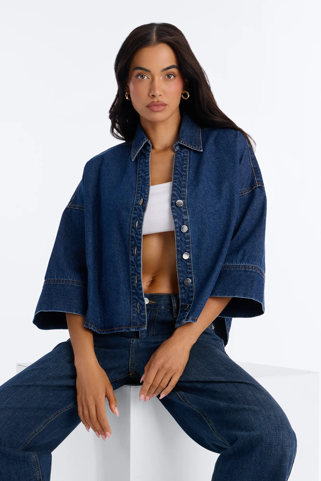 Fit Secured Oversized Denim Shirt - Dark Denim