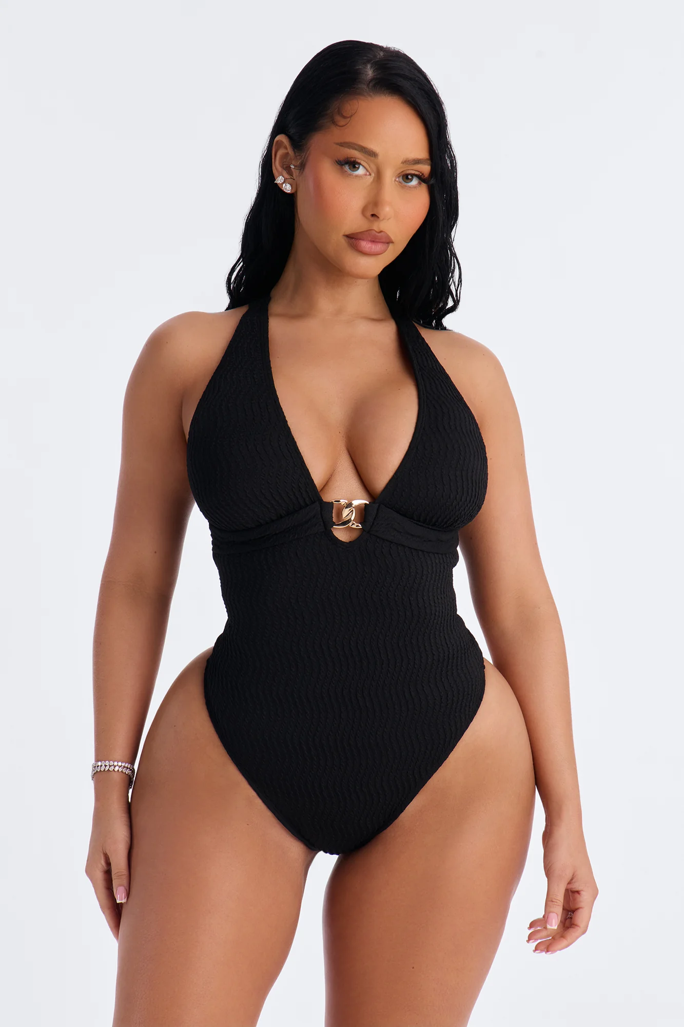 Fits Like A Glove Ribbed 1 Piece Plunge Neck Swimsuit - Black