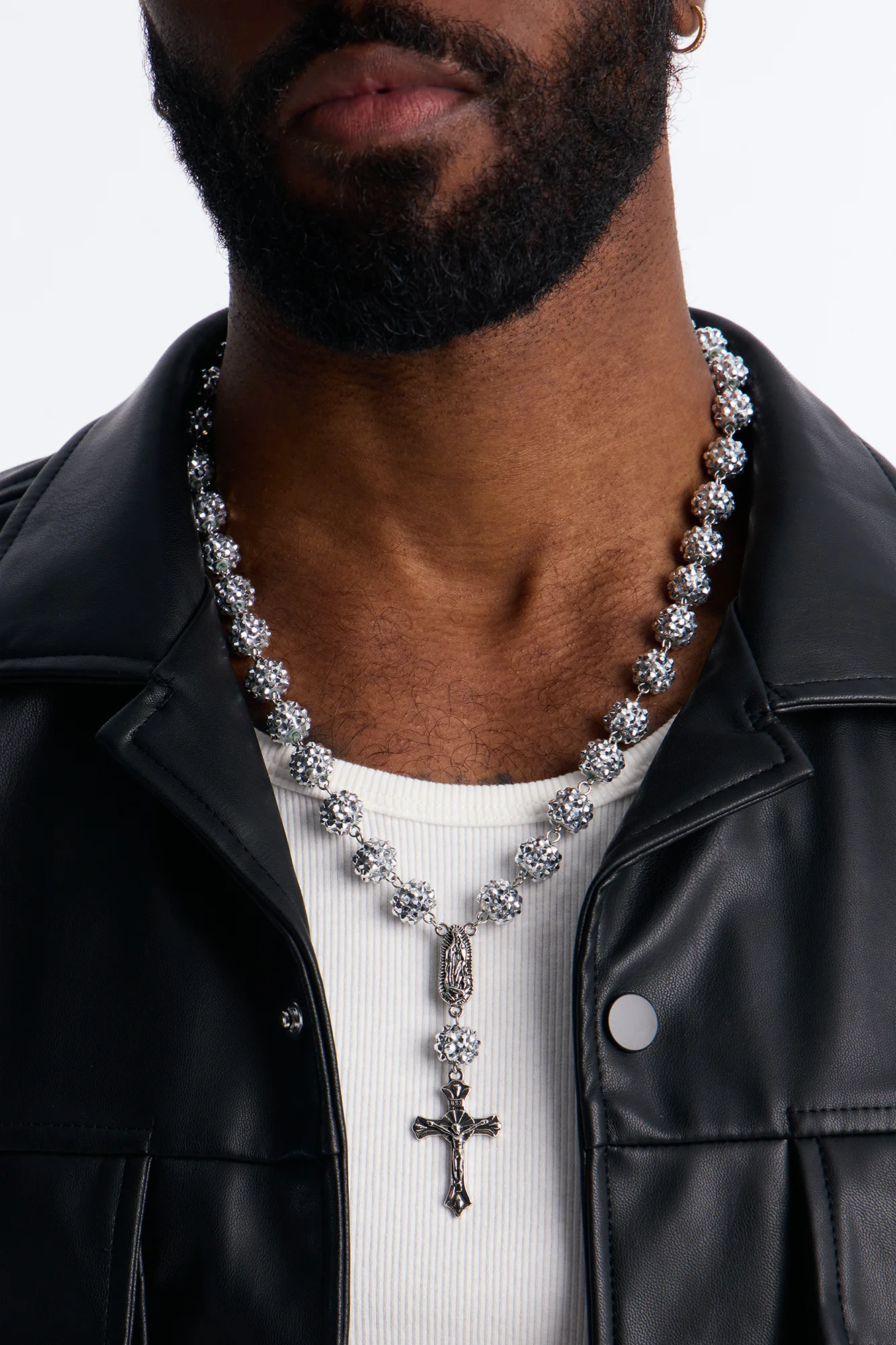 Flash Out Iced Beaded Rosary Chain Necklace - Silver