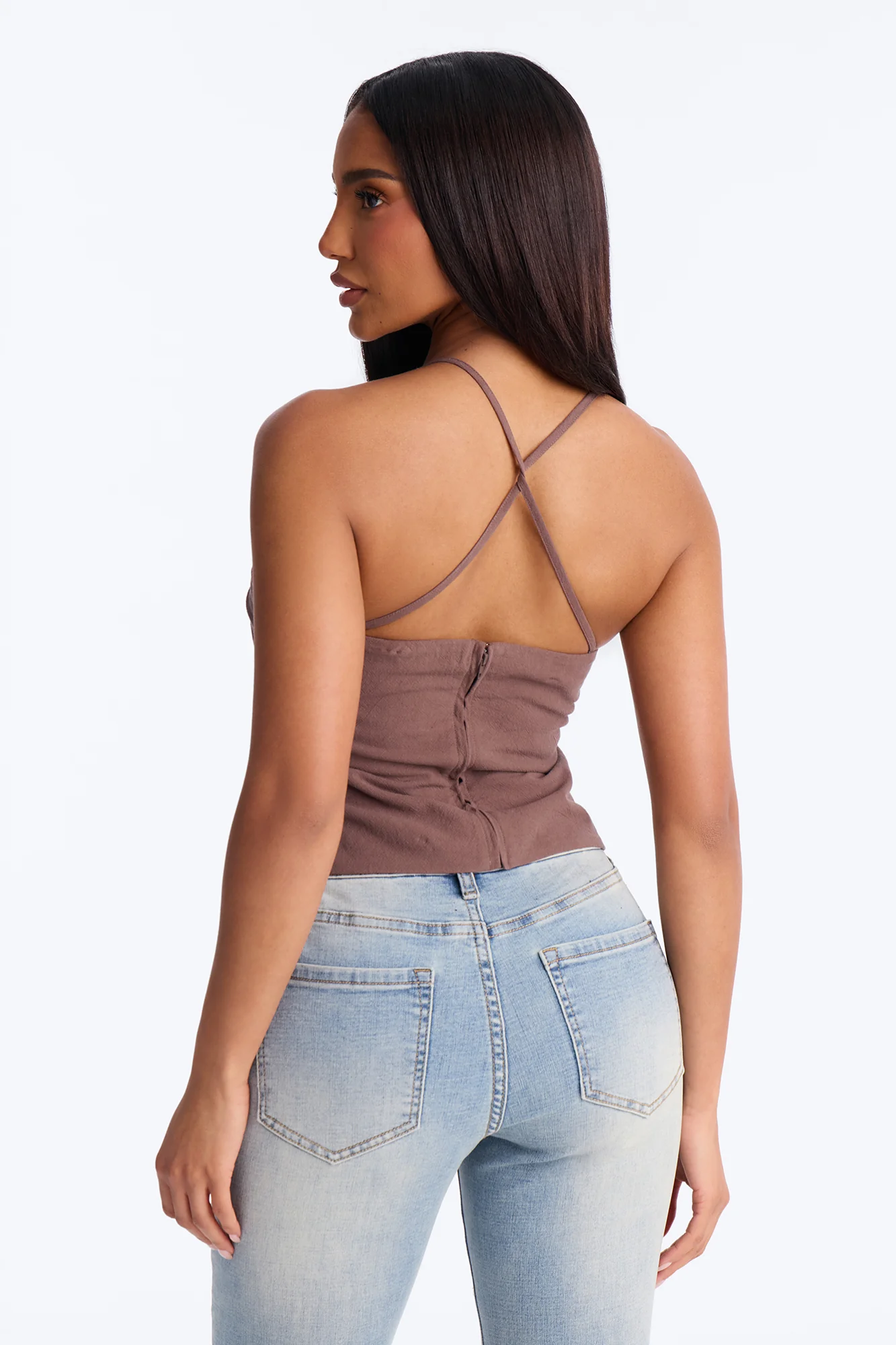 Flirty Fit Check Pleated Twill Cami Top - Chocolate - Image 4