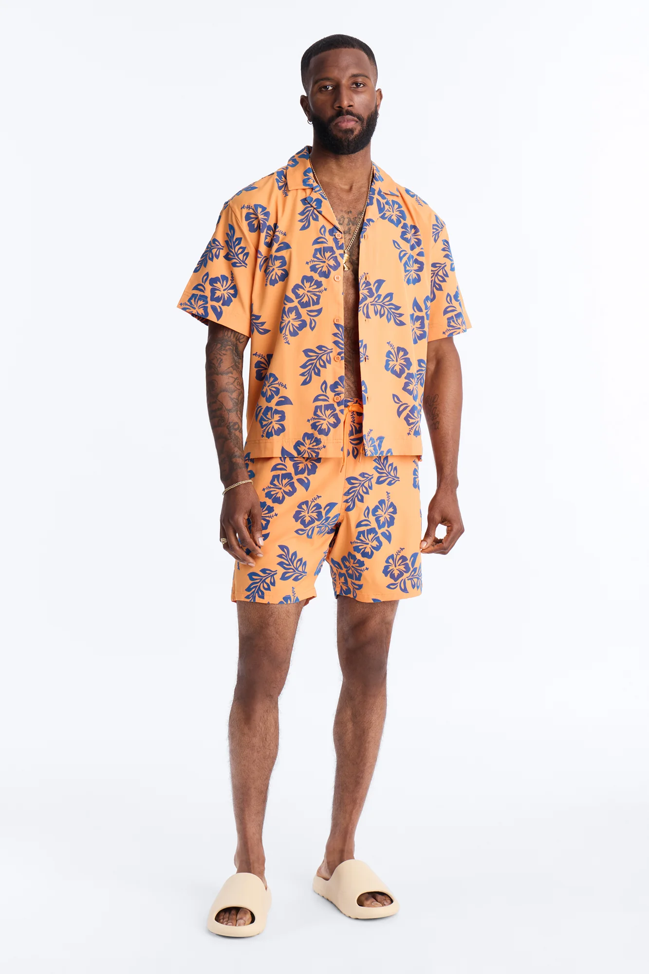 Flocked Hibiscus Heat Swim Trunk 7″ - Orange - Image 2