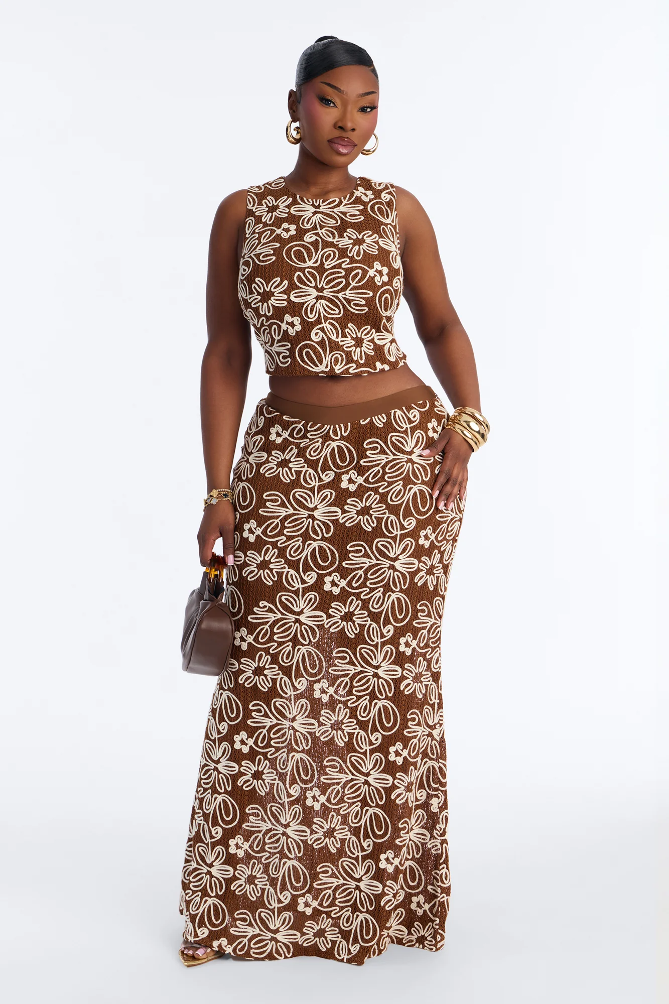 Flora Embroidered Crochet Skirt Set - Brown