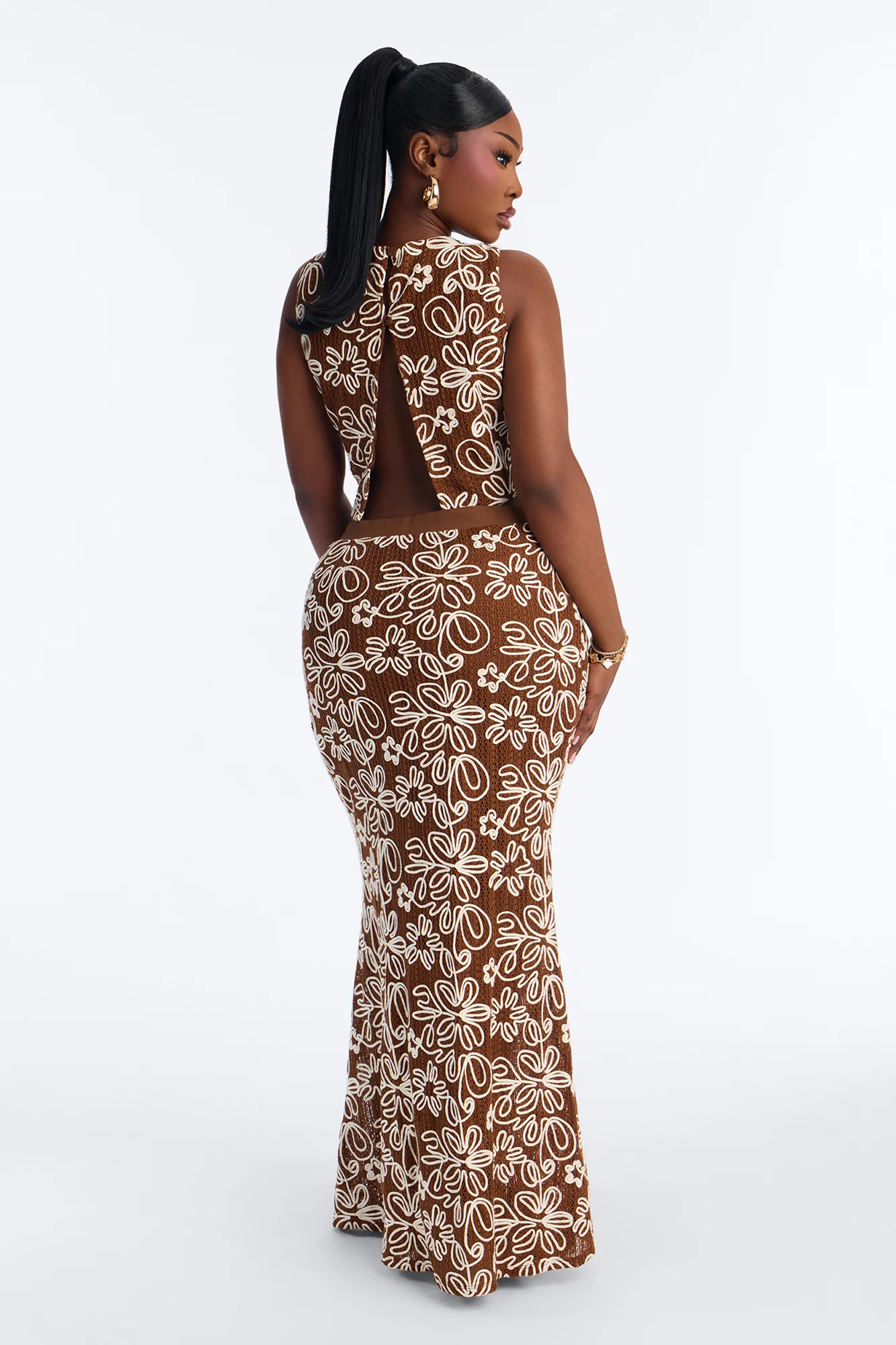 Flora Embroidered Crochet Skirt Set - Brown - Image 4