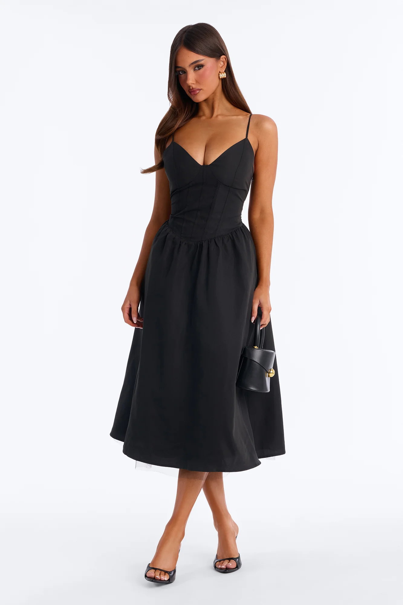 Flora Lace Up Midi Dress - Black