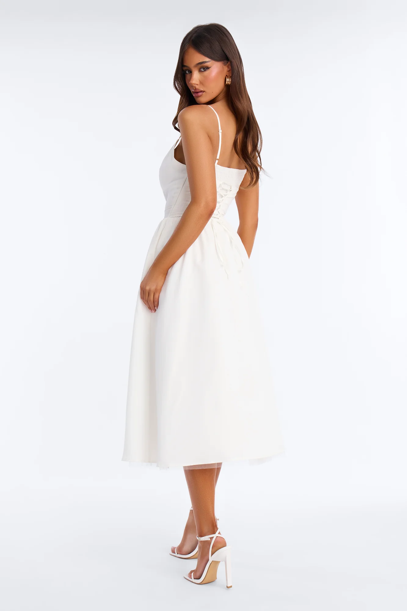 Flora Lace Up Midi Dress - White - Image 4