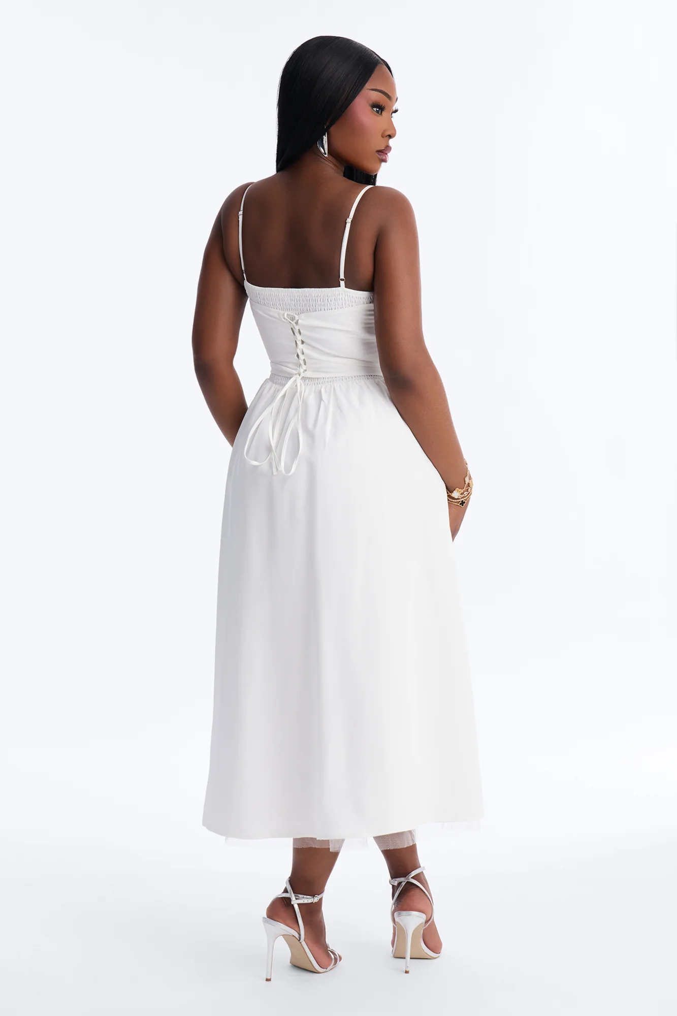 Flora Lace Up Midi Dress - White - Image 9