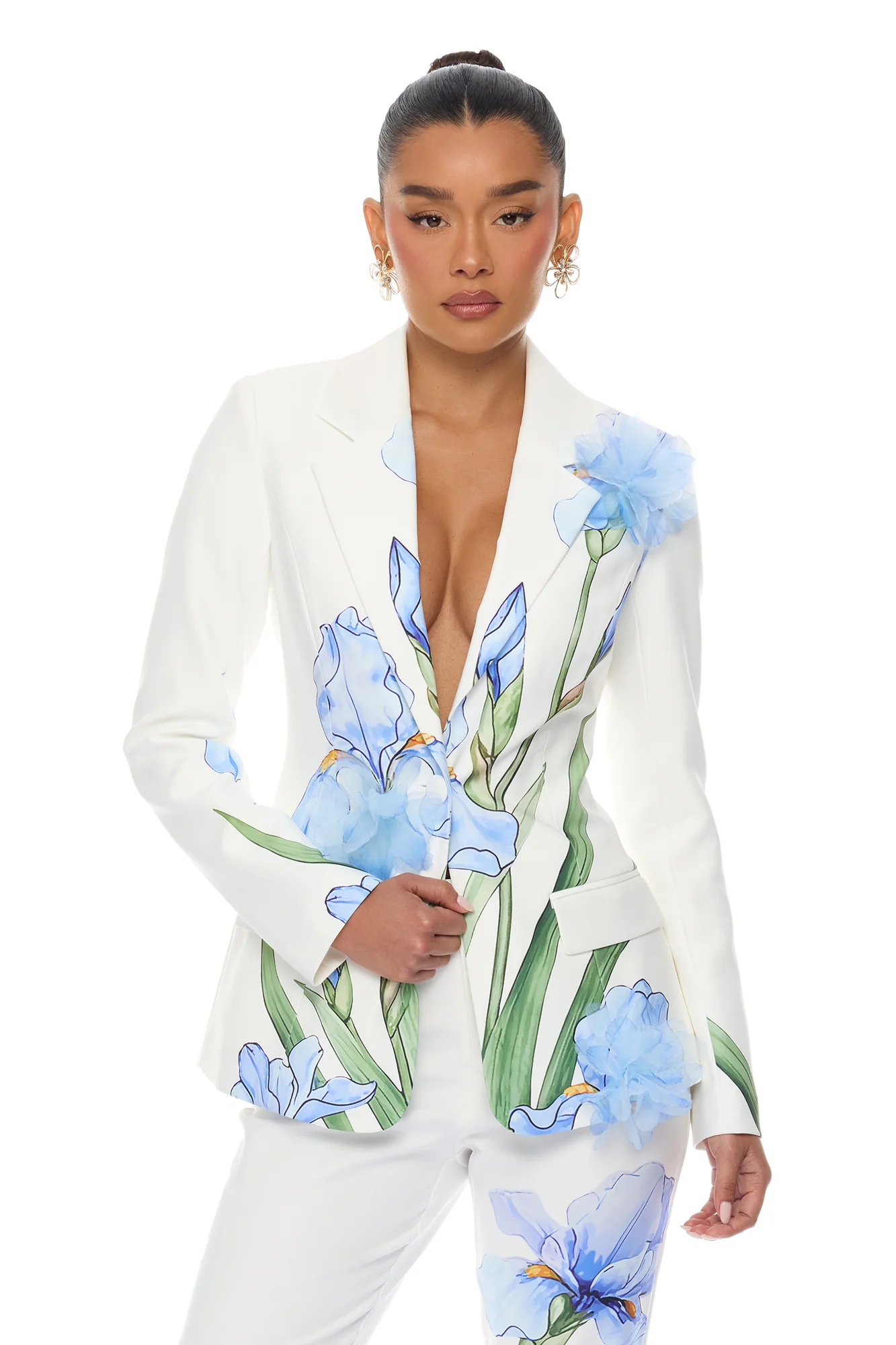 Floral Fantasy Crepe Blazer Pant Set - Blue/combo - Image 2