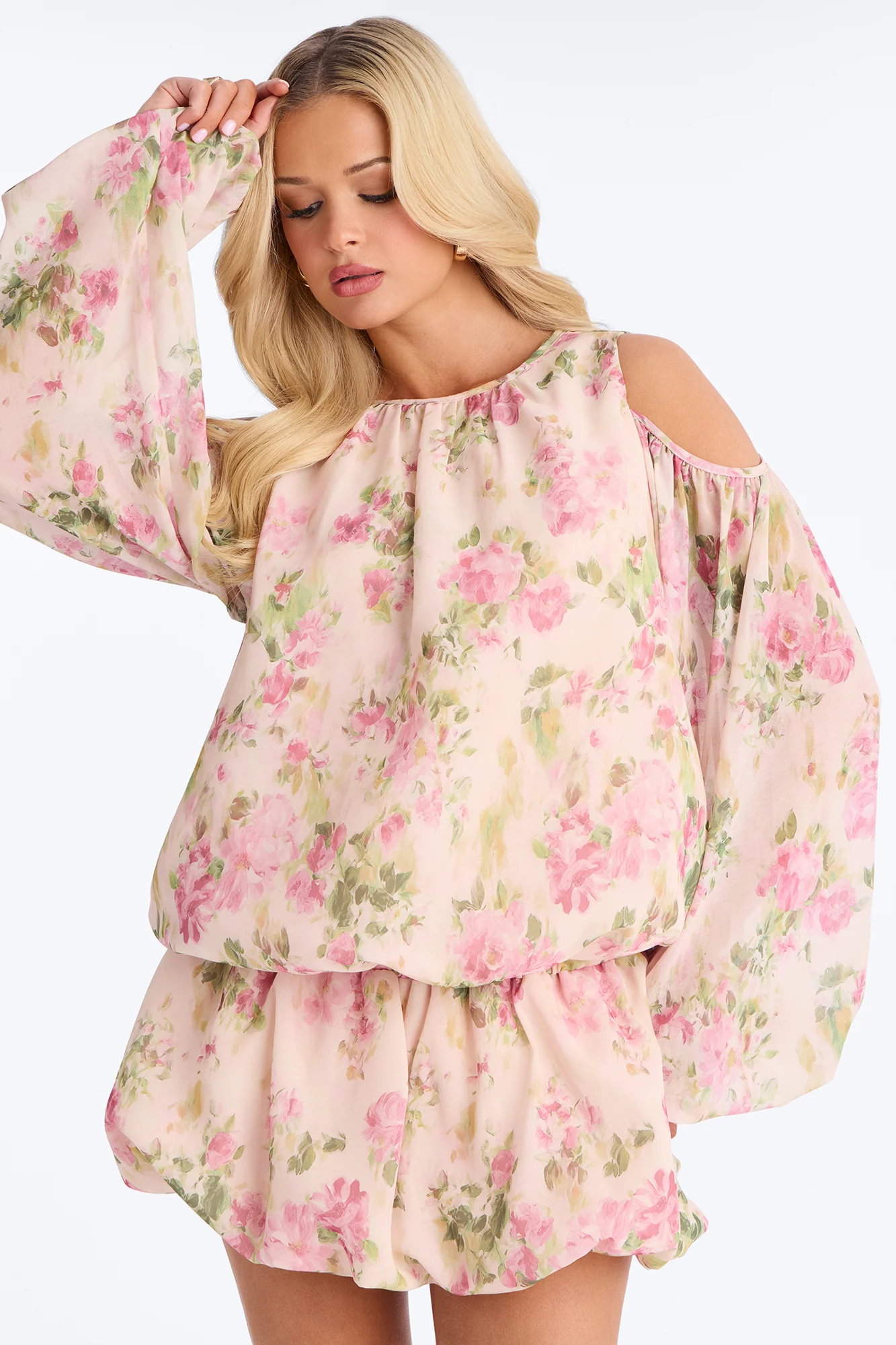 Floral Obsession Cold Shoulder Chiffon Mini Dress - Multi Color
