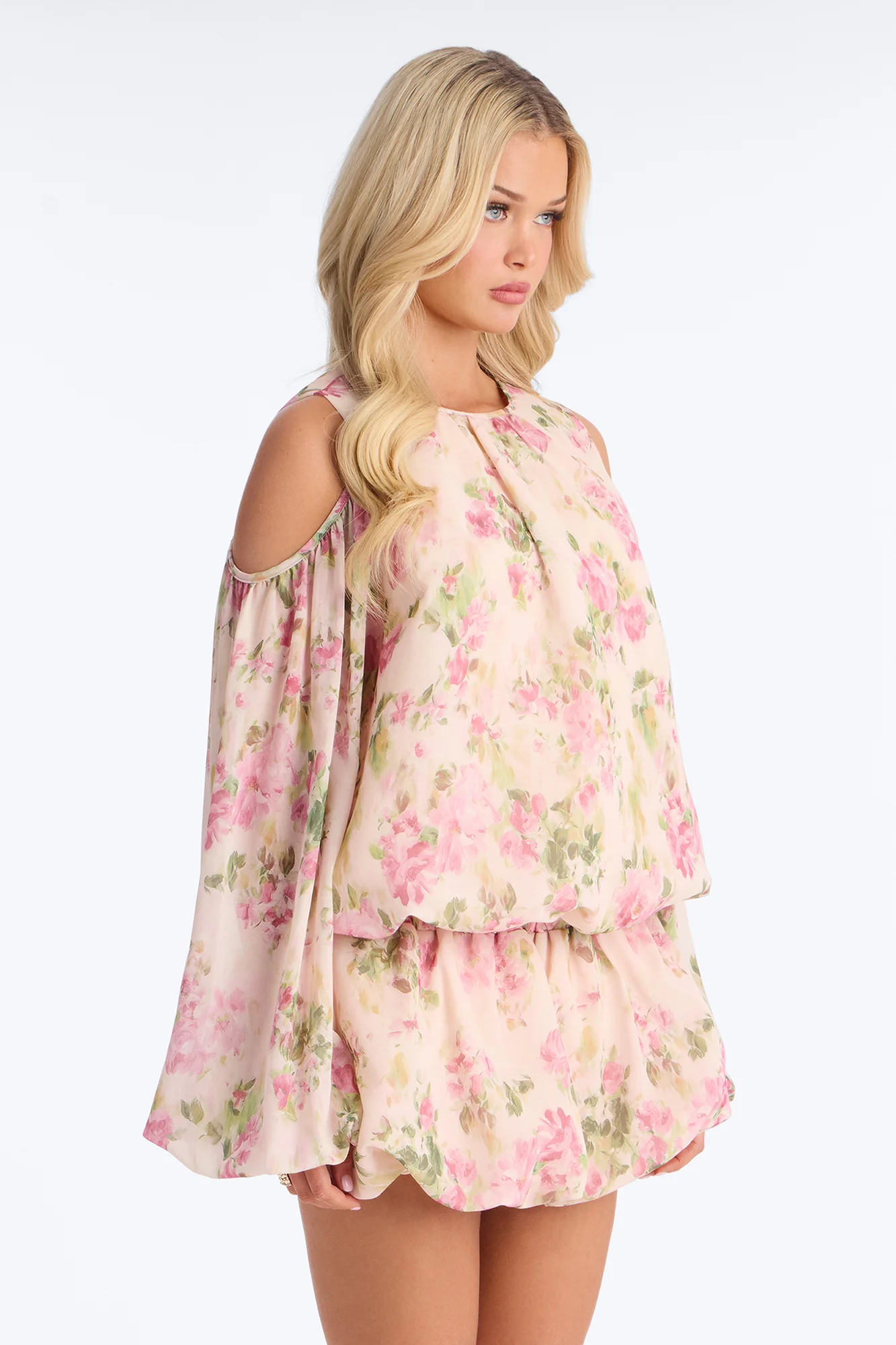 Floral Obsession Cold Shoulder Chiffon Mini Dress - Multi Color - Image 3