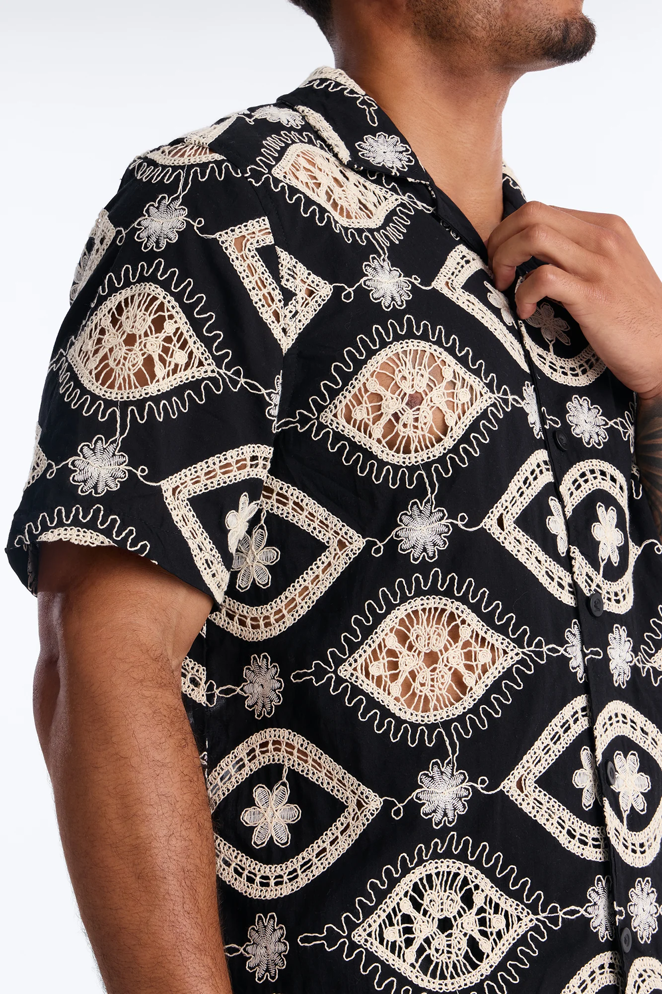 Floral Ties Short Sleeve Cuban Collar Button Up Shirt - Black - Image 3