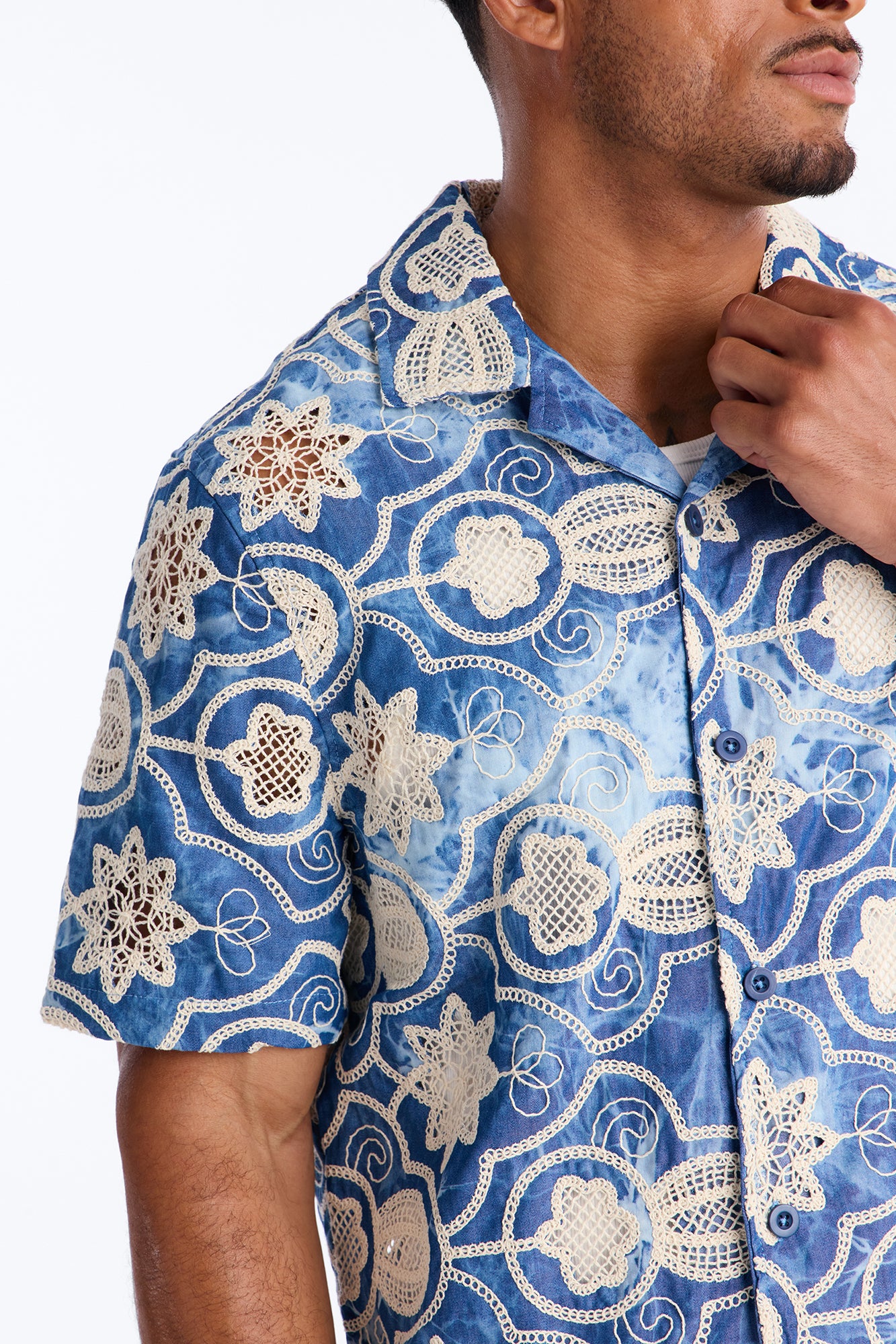 Floral Ties Washed Short Sleeve Cuban Collar Button Up Shirt - Blue - Image 3