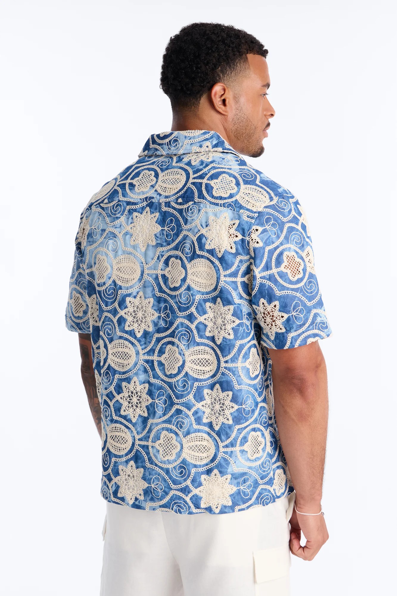 Floral Ties Washed Short Sleeve Cuban Collar Button Up Shirt - Blue - Image 4