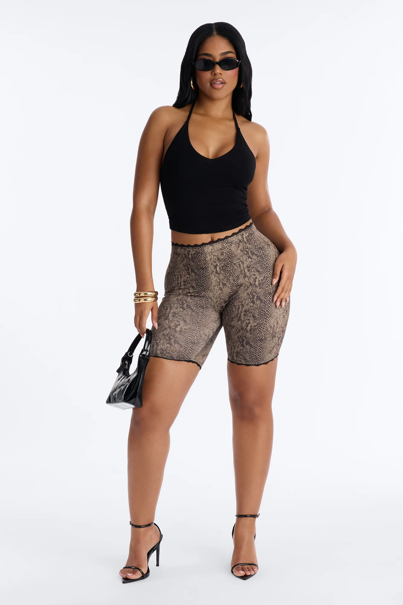 Florentina Lace Trim Biker Short - Brown Combo