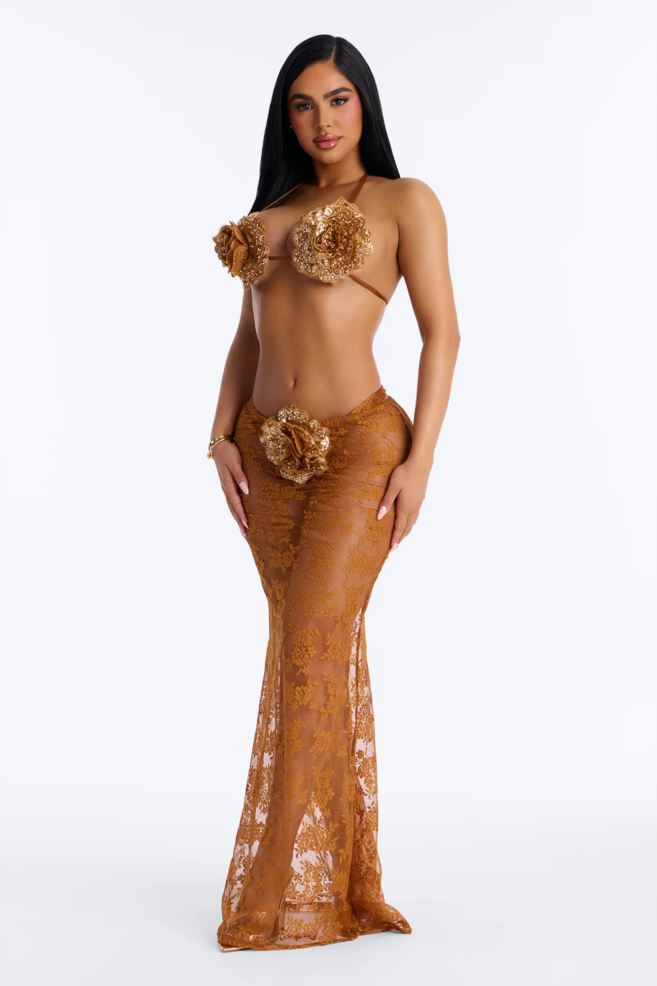 Flower Fever Sequin Applique 3 Piece Bikini Skirt Set - Brown - Image 2