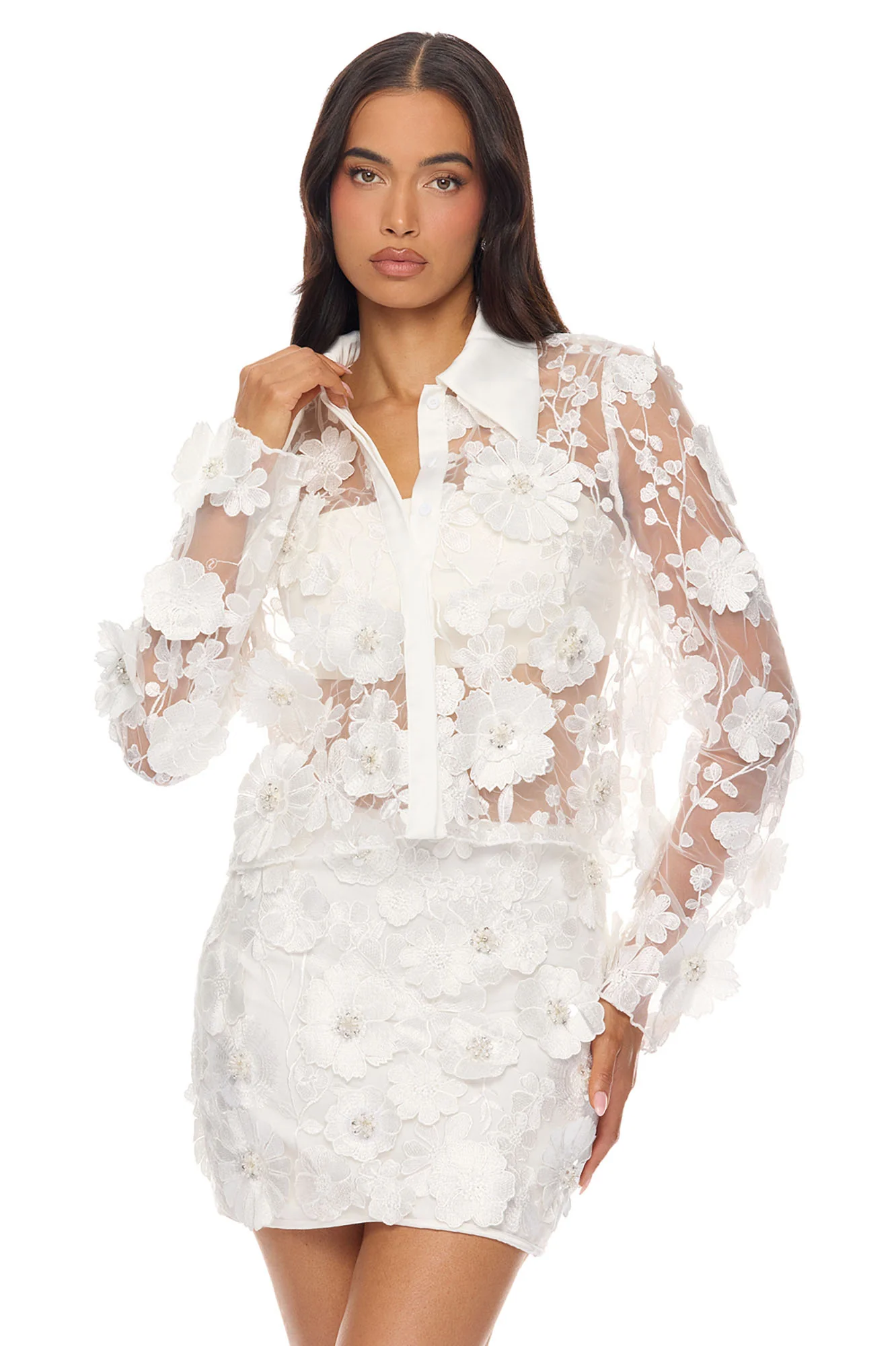 Flower Fields Embroidered Skirt Set - White