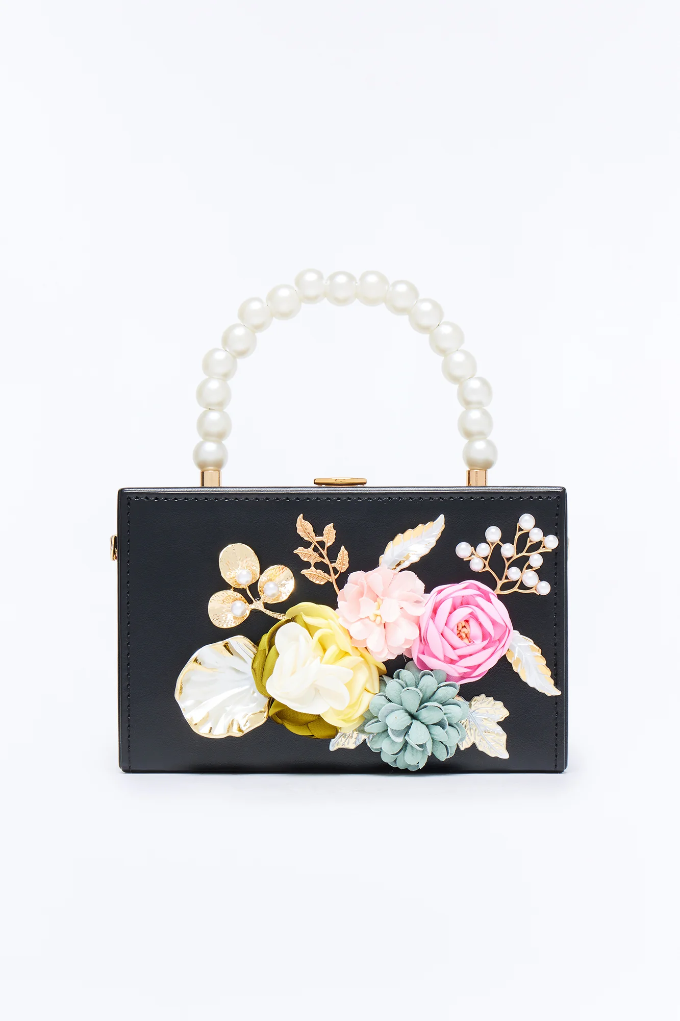 Flower Patch Faux Leather Satchel Handbag - Black - Image 3
