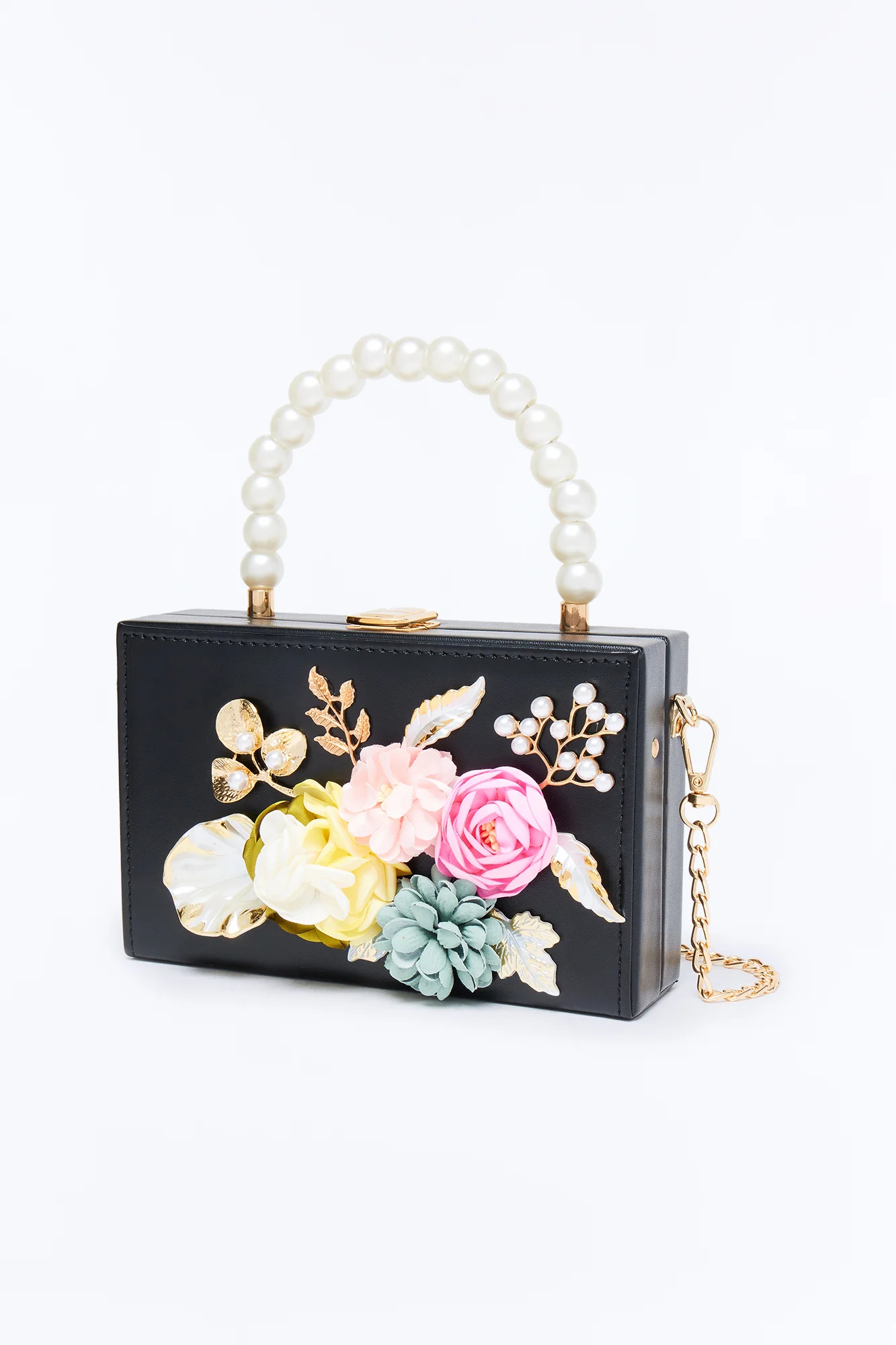 Flower Patch Faux Leather Satchel Handbag - Black - Image 4