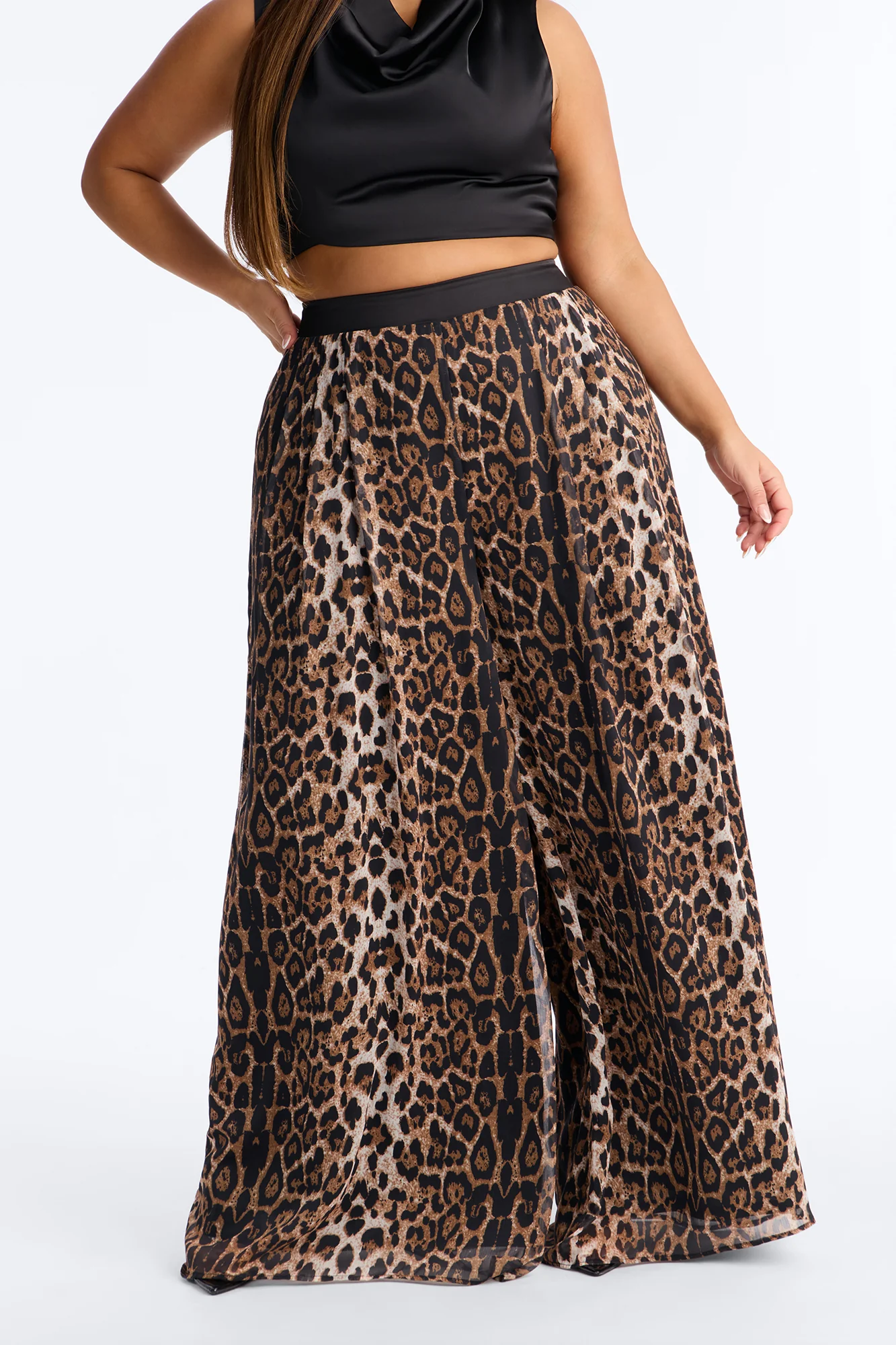 Flowy Layered Chiffon Leopard Wide Leg Pant 33″ - Leopard - Image 6