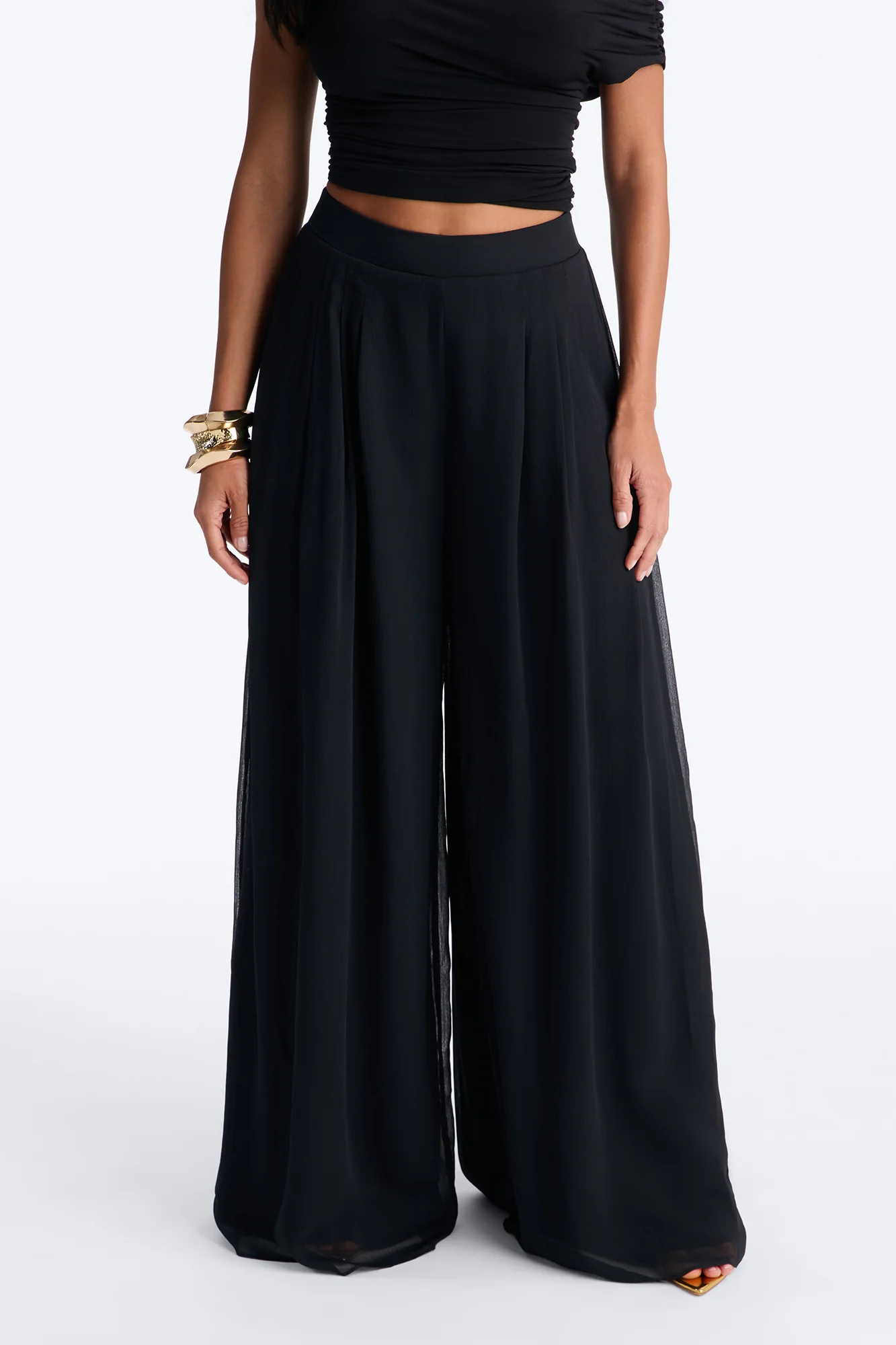 Flowy Layered Chiffon Wide Leg Pant 33″ - Black - Image 2