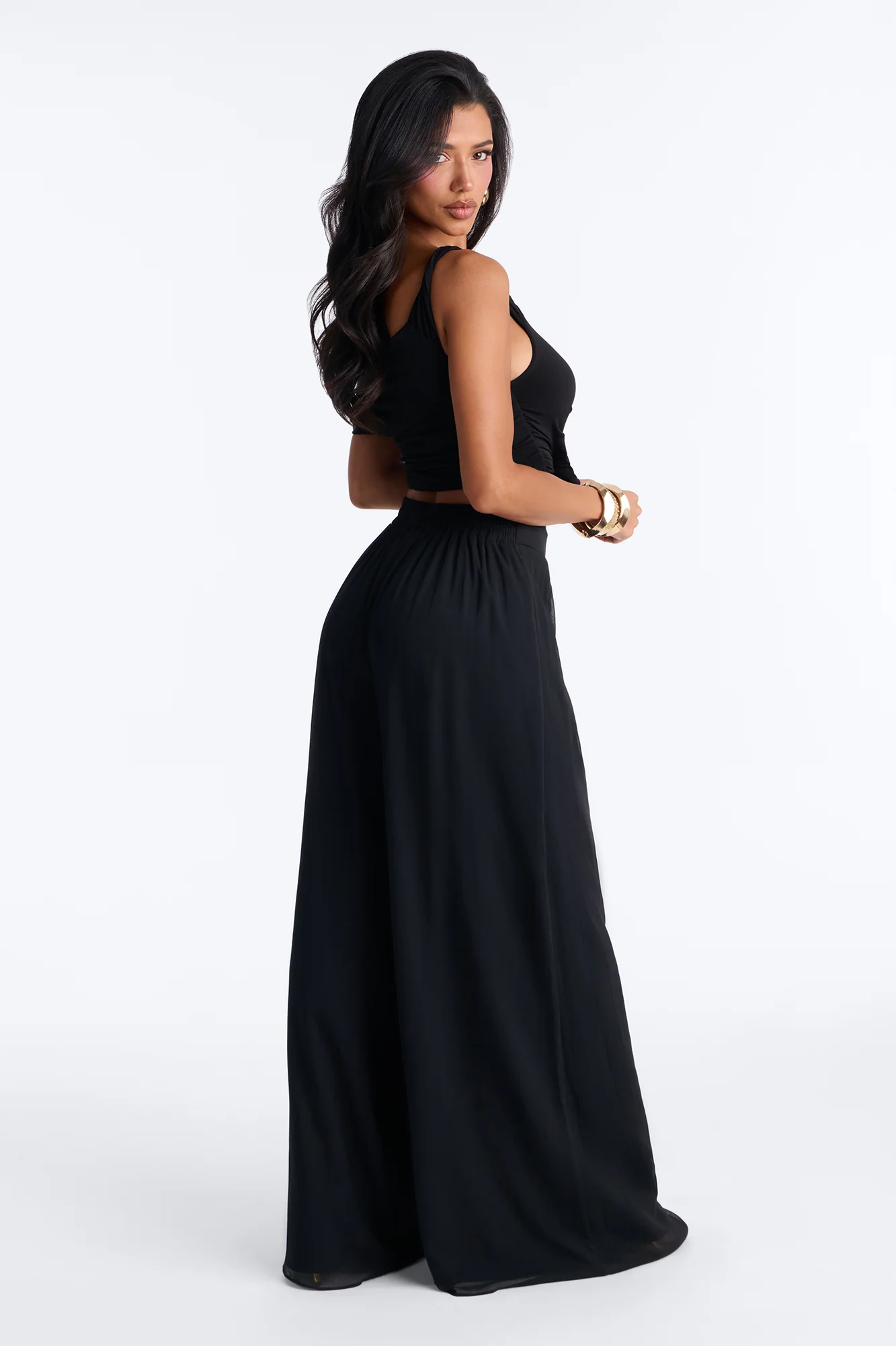 Flowy Layered Chiffon Wide Leg Pant 33″ - Black - Image 3