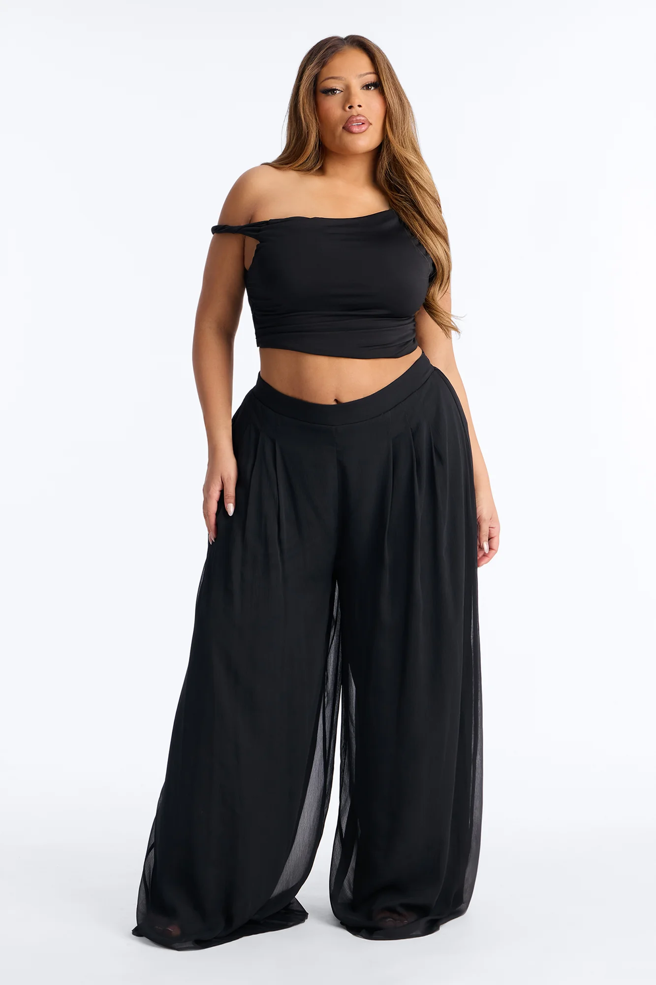 Flowy Layered Chiffon Wide Leg Pant 33″ - Black - Image 4