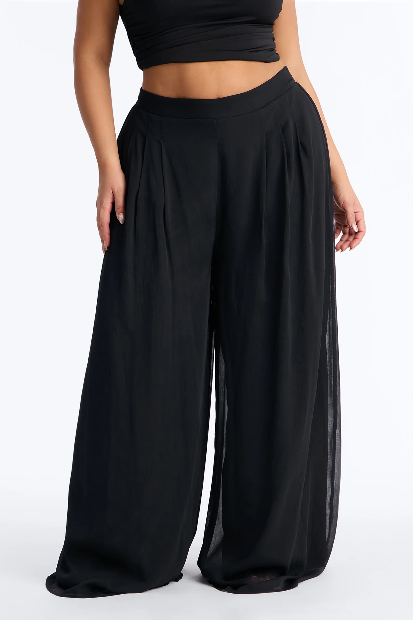 Flowy Layered Chiffon Wide Leg Pant 33″ - Black - Image 5