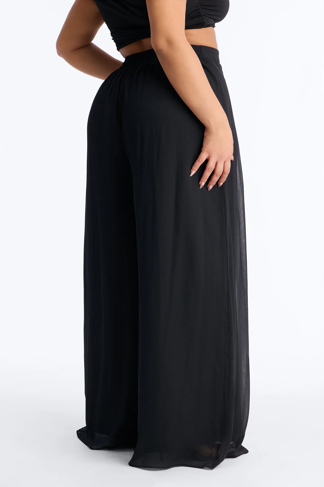 Flowy Layered Chiffon Wide Leg Pant 33″ - Black - Image 6