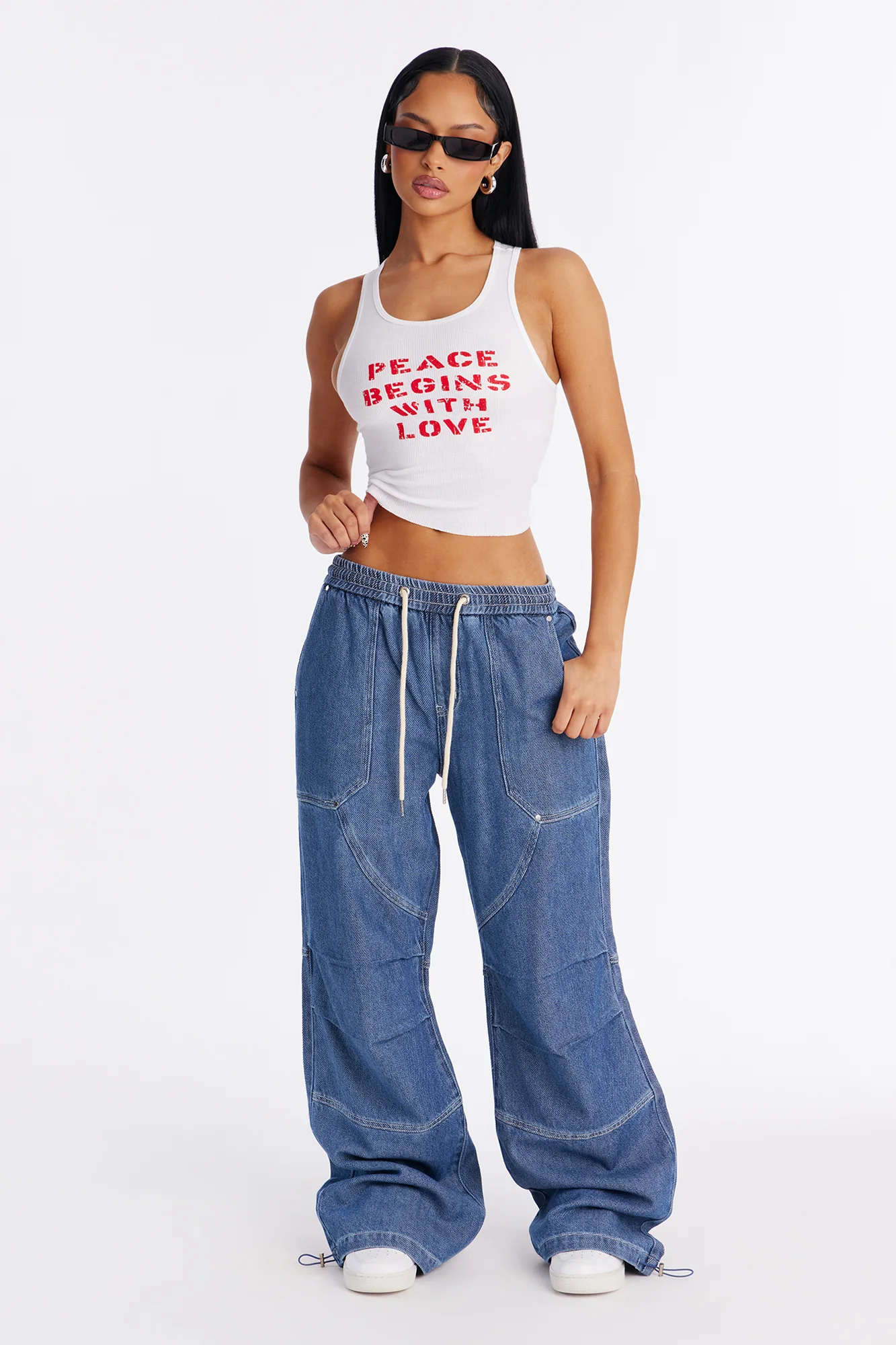 Flying Solo Drapey Tie Waist Jogger Jeans - Medium Wash