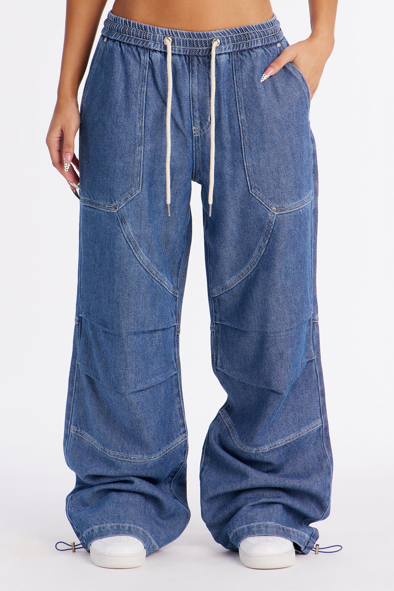 Flying Solo Drapey Tie Waist Jogger Jeans - Medium Wash - Image 2