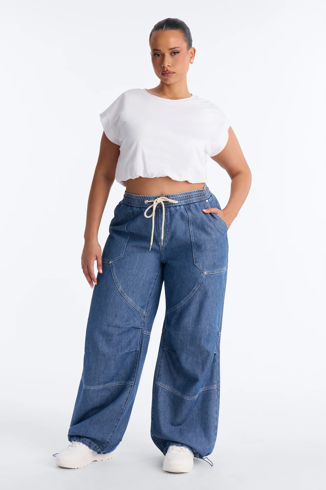 Flying Solo Drapey Tie Waist Jogger Jeans - Medium Wash - Image 4