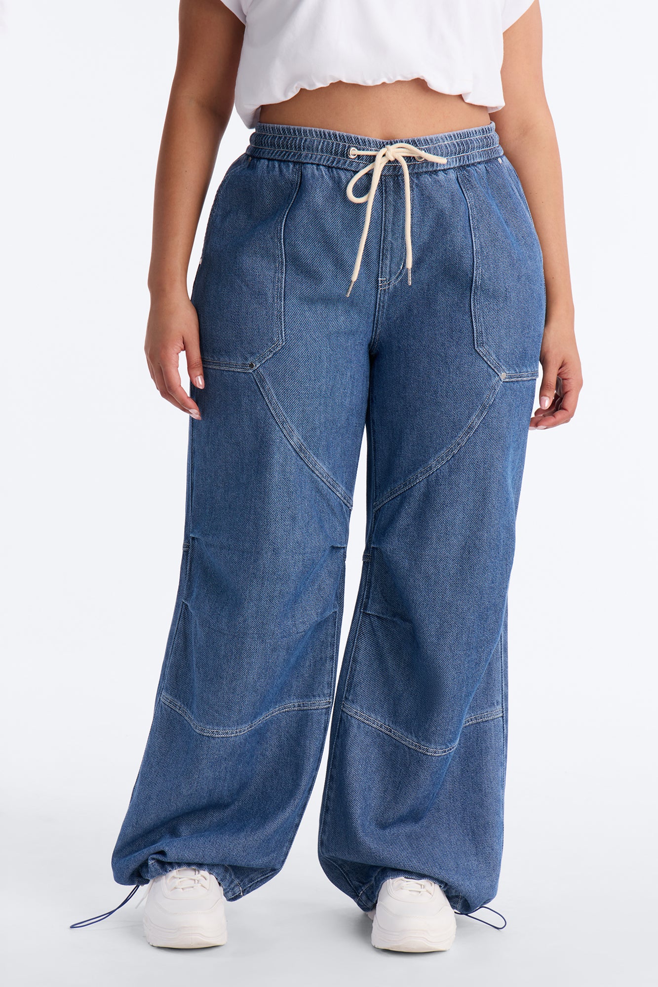 Flying Solo Drapey Tie Waist Jogger Jeans - Medium Wash - Image 5