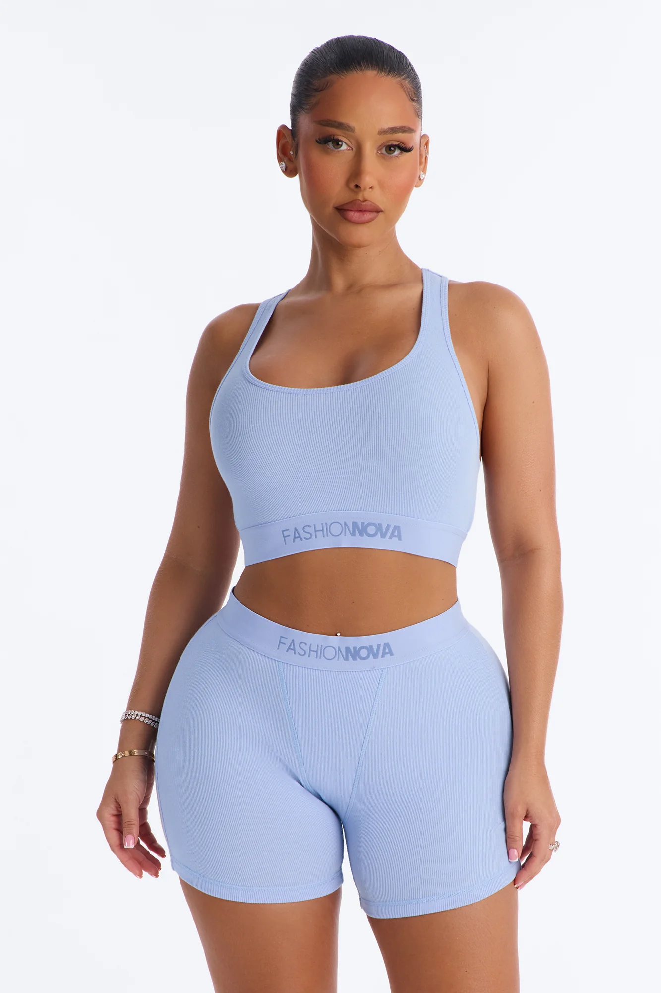 FN Mood Cotton Ribbed Racer Back Bra and Boxer Set - Blue