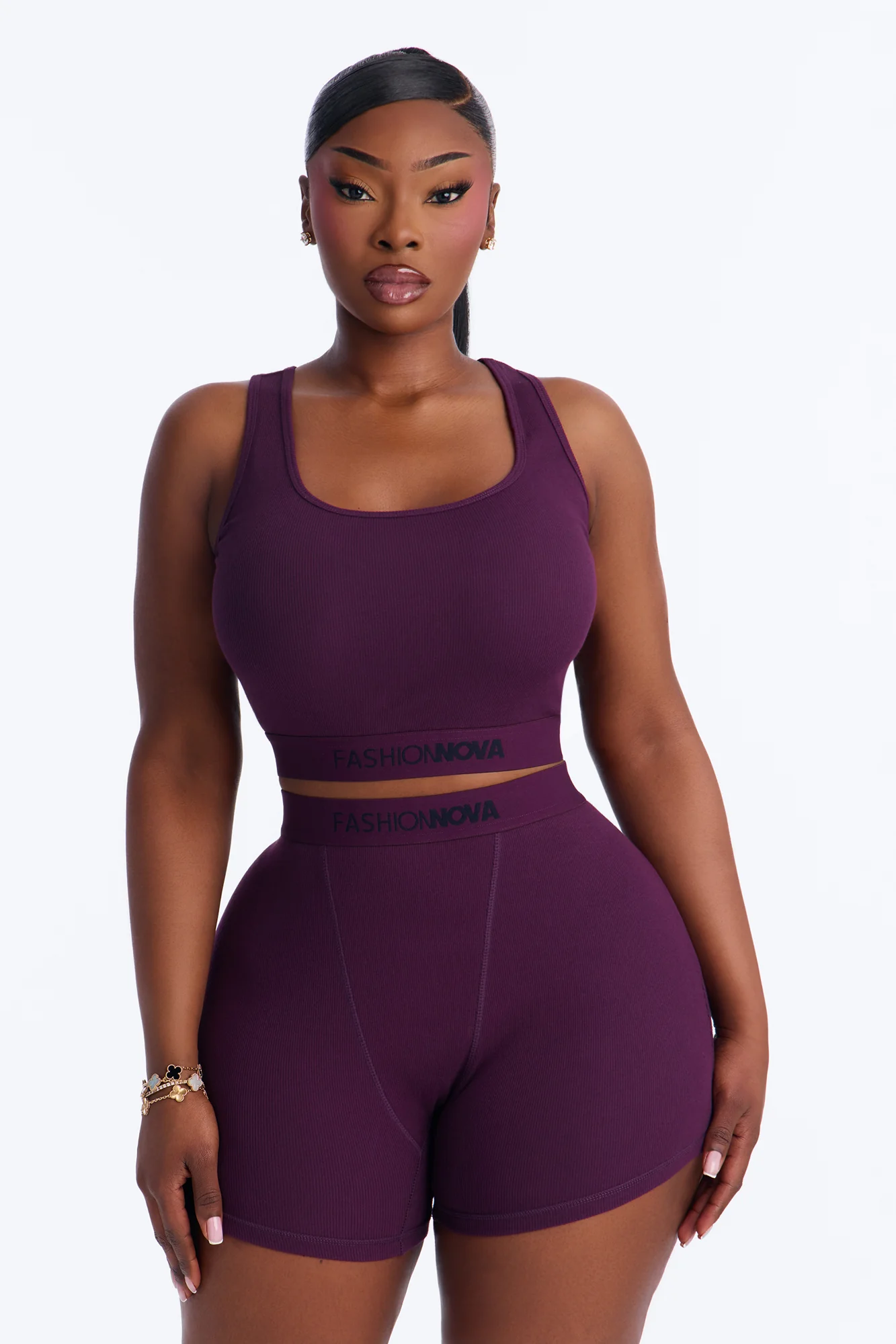 FN Mood Cotton Ribbed Racer Back Bra and Boxer Set - Plum - Image 4