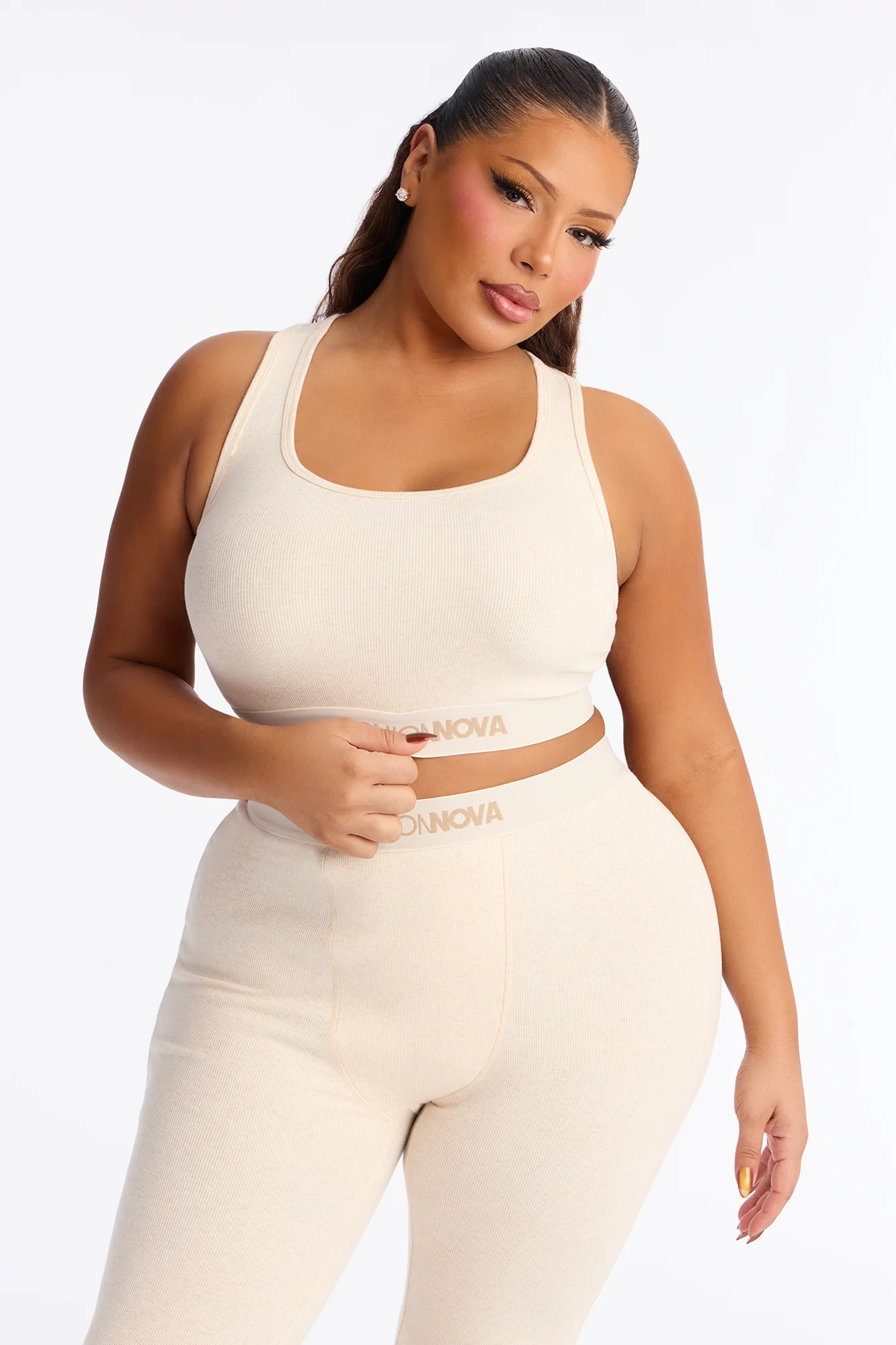 FN Mood Racerback Bra And Legging 2 Piece Ribbed Cotton Set - Oatmeal - Image 7
