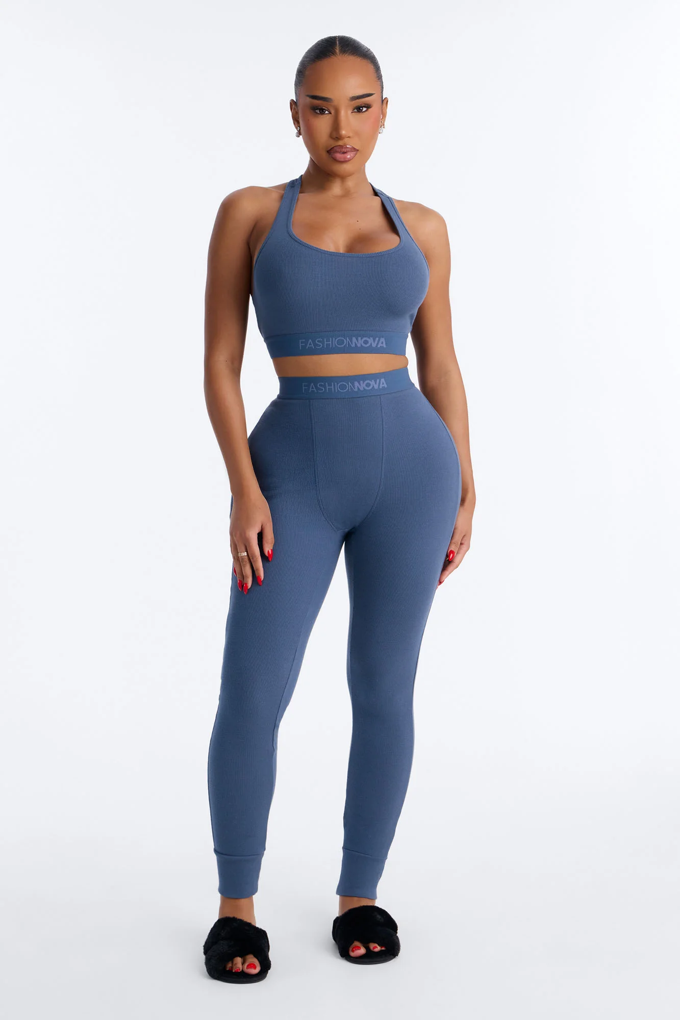 FN Mood Racerback Bra And Legging 2 Piece Ribbed Cotton Set - Slate Blue