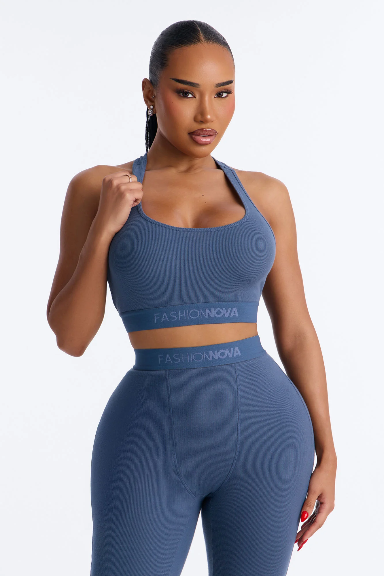 FN Mood Racerback Bra And Legging 2 Piece Ribbed Cotton Set - Slate Blue - Image 2