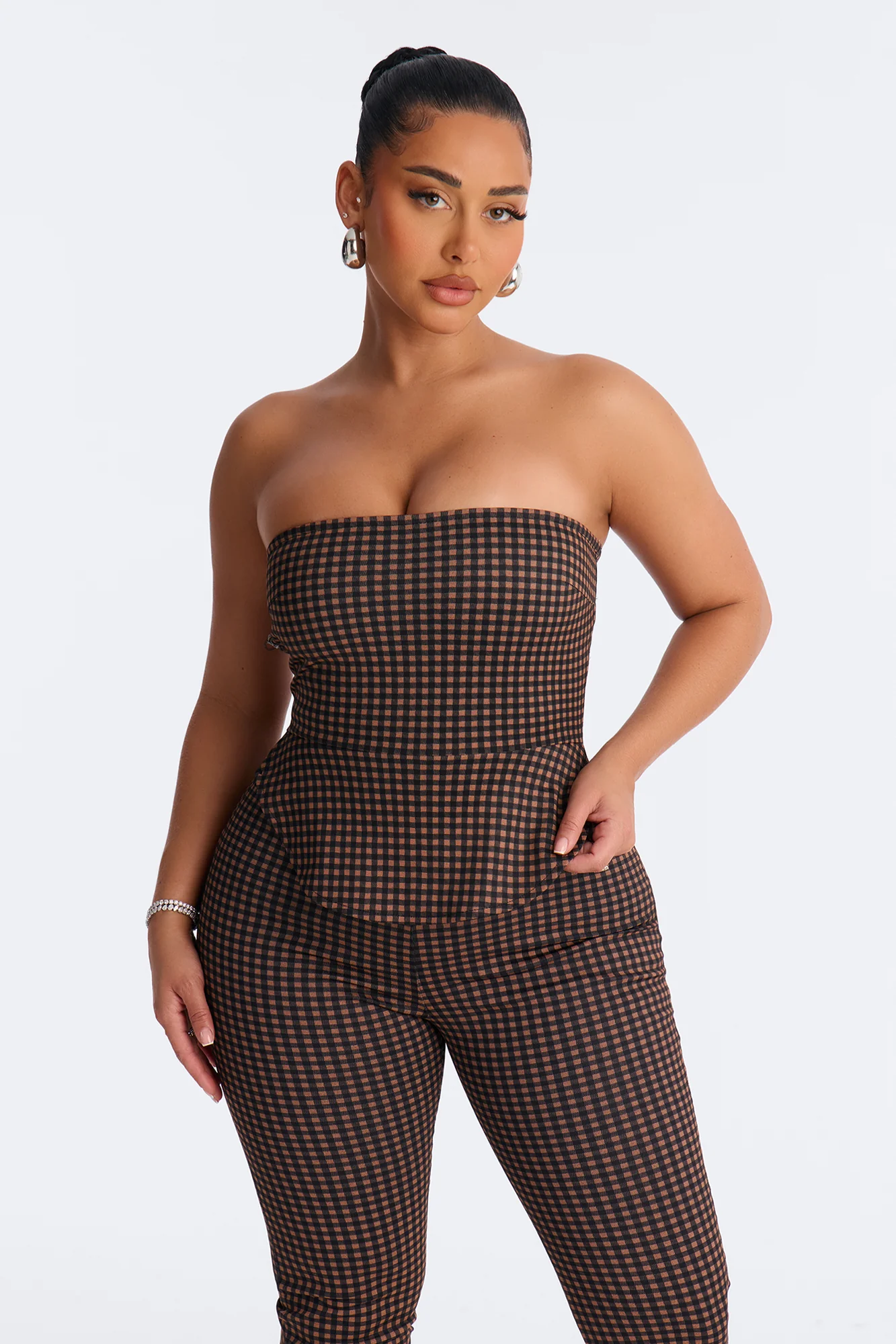 Frances Gingham Capri Jumpsuit - Cognac - Image 2