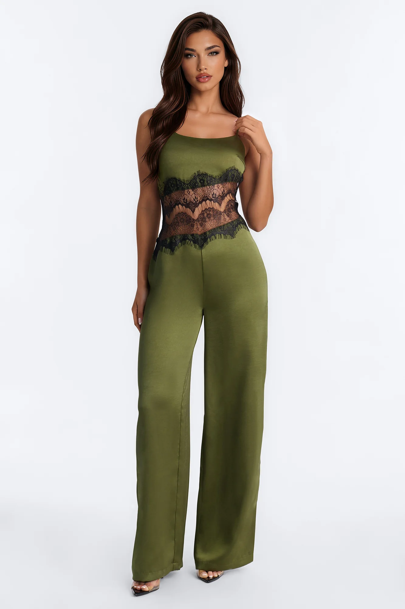 Francesca Lace Trim Wide Leg Jumpsuit - Olive