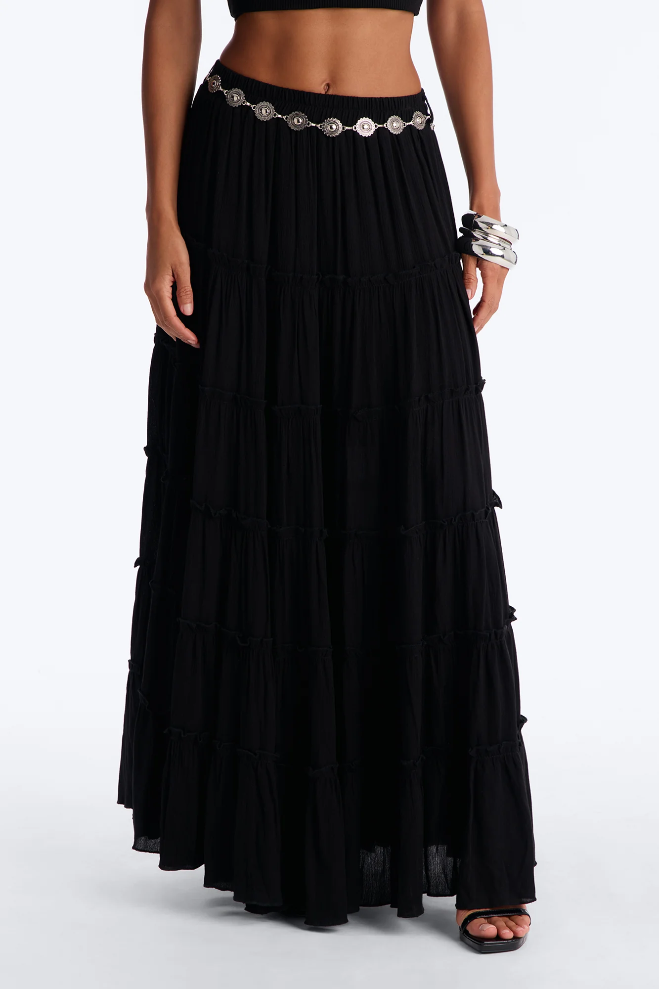 Free Spirit Low Rise Belted Tiered Maxi Skirt - Black - Image 2