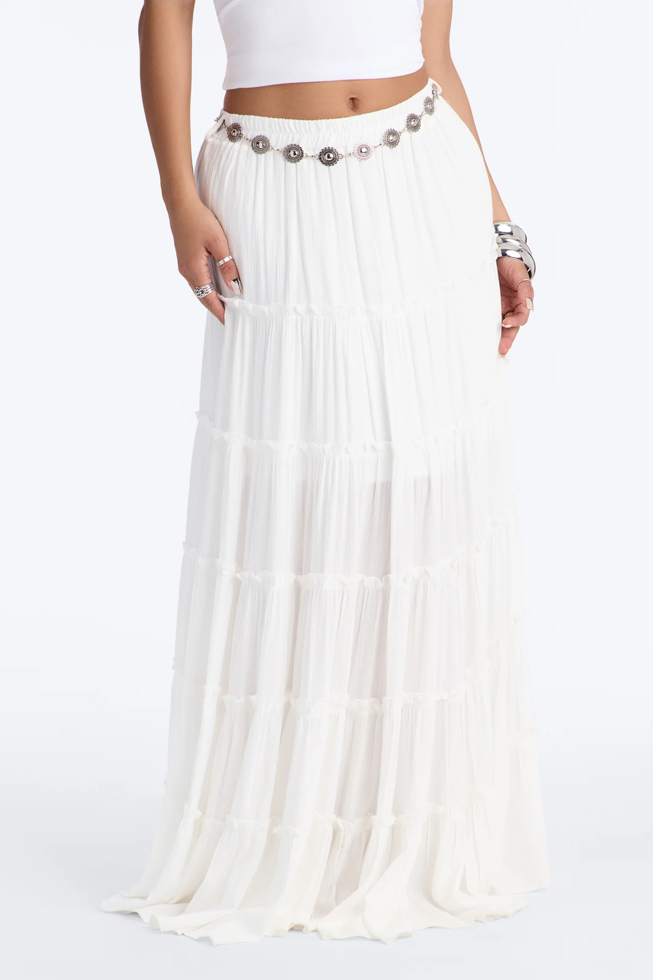 Free Spirit Low Rise Belted Tiered Maxi Skirt - White - Image 2