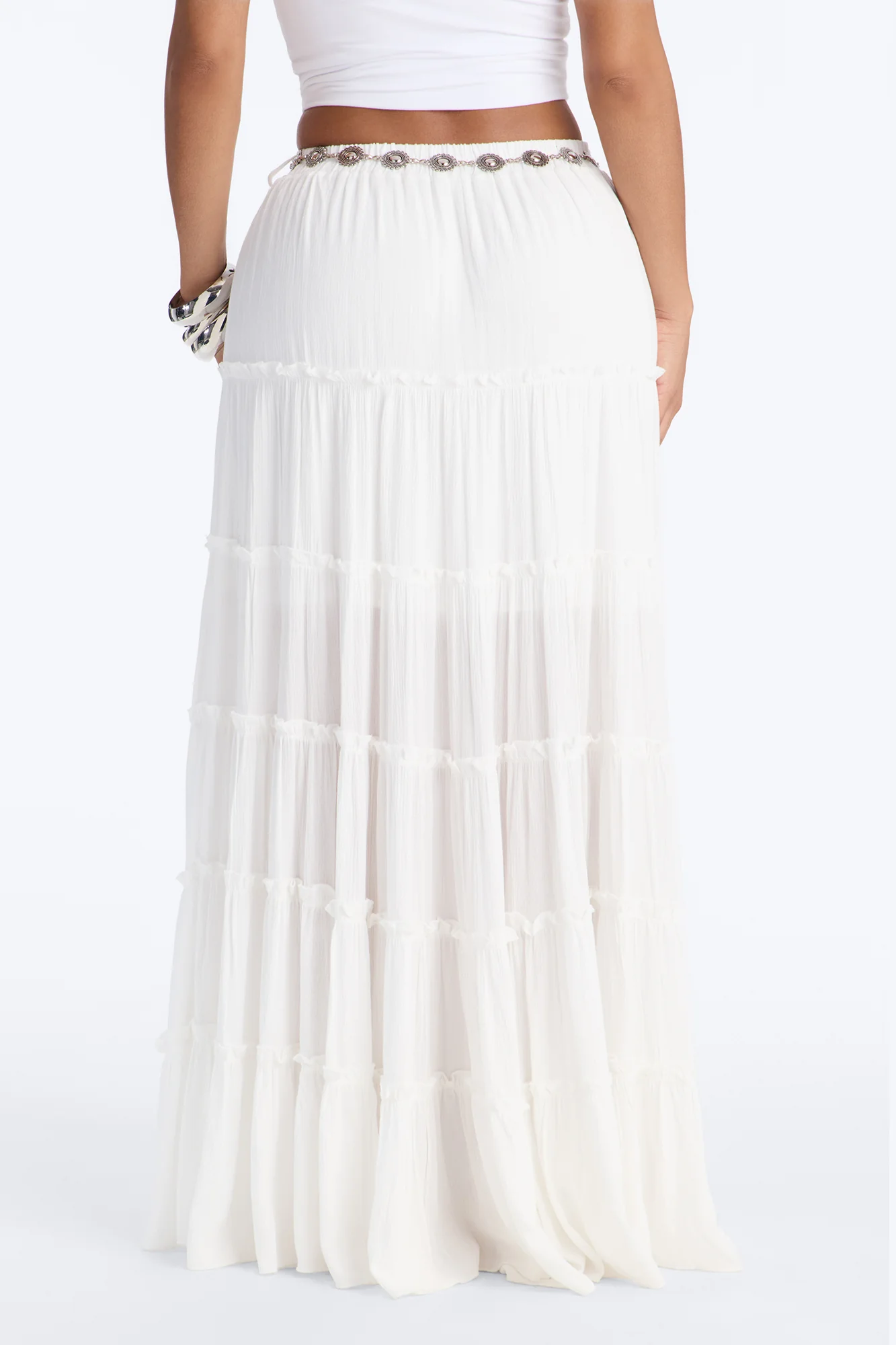 Free Spirit Low Rise Belted Tiered Maxi Skirt - White - Image 4
