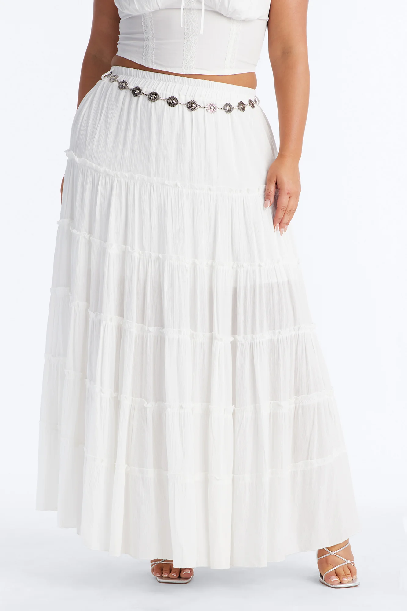 Free Spirit Low Rise Belted Tiered Maxi Skirt - White - Image 6