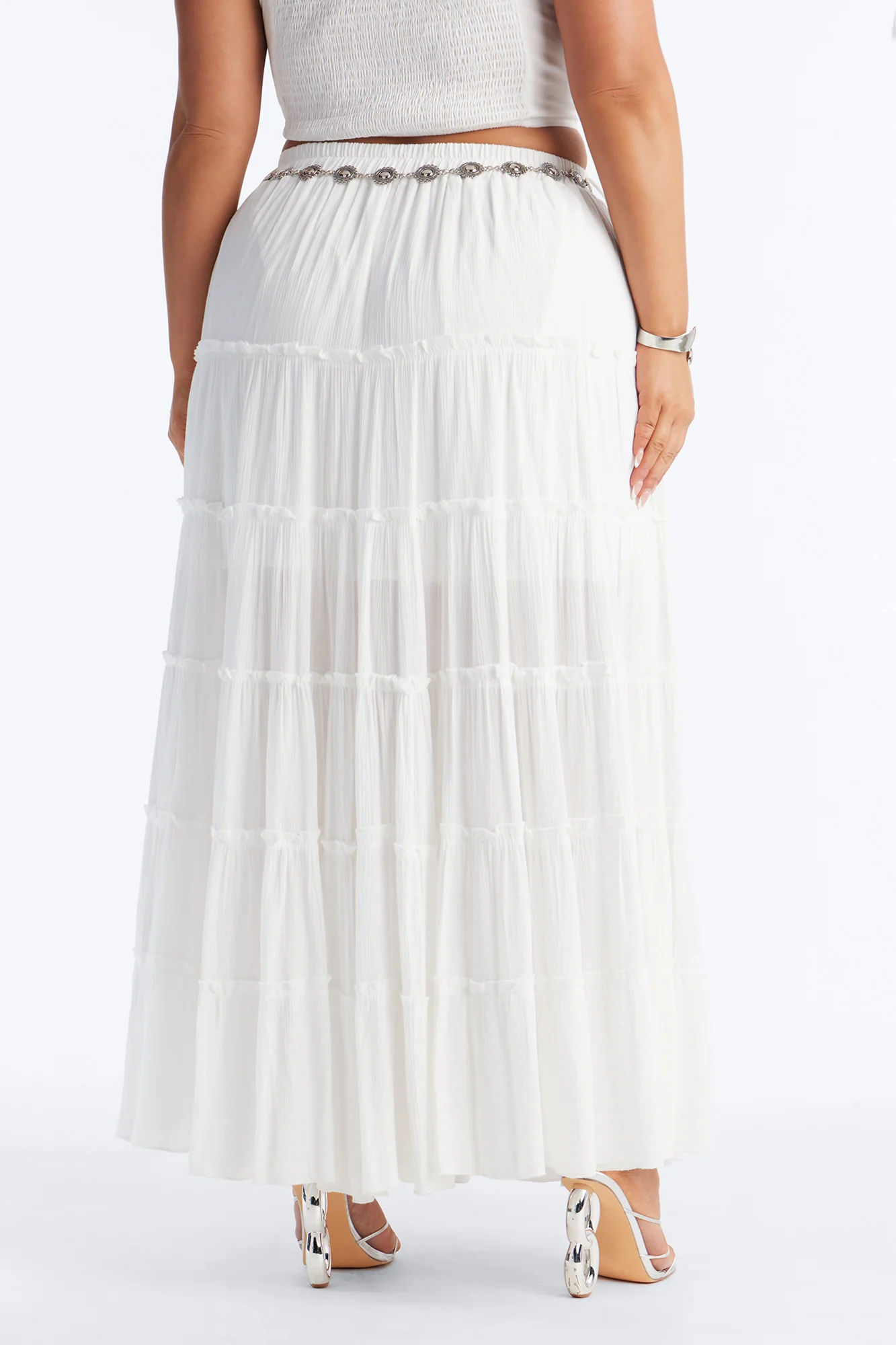 Free Spirit Low Rise Belted Tiered Maxi Skirt - White - Image 8